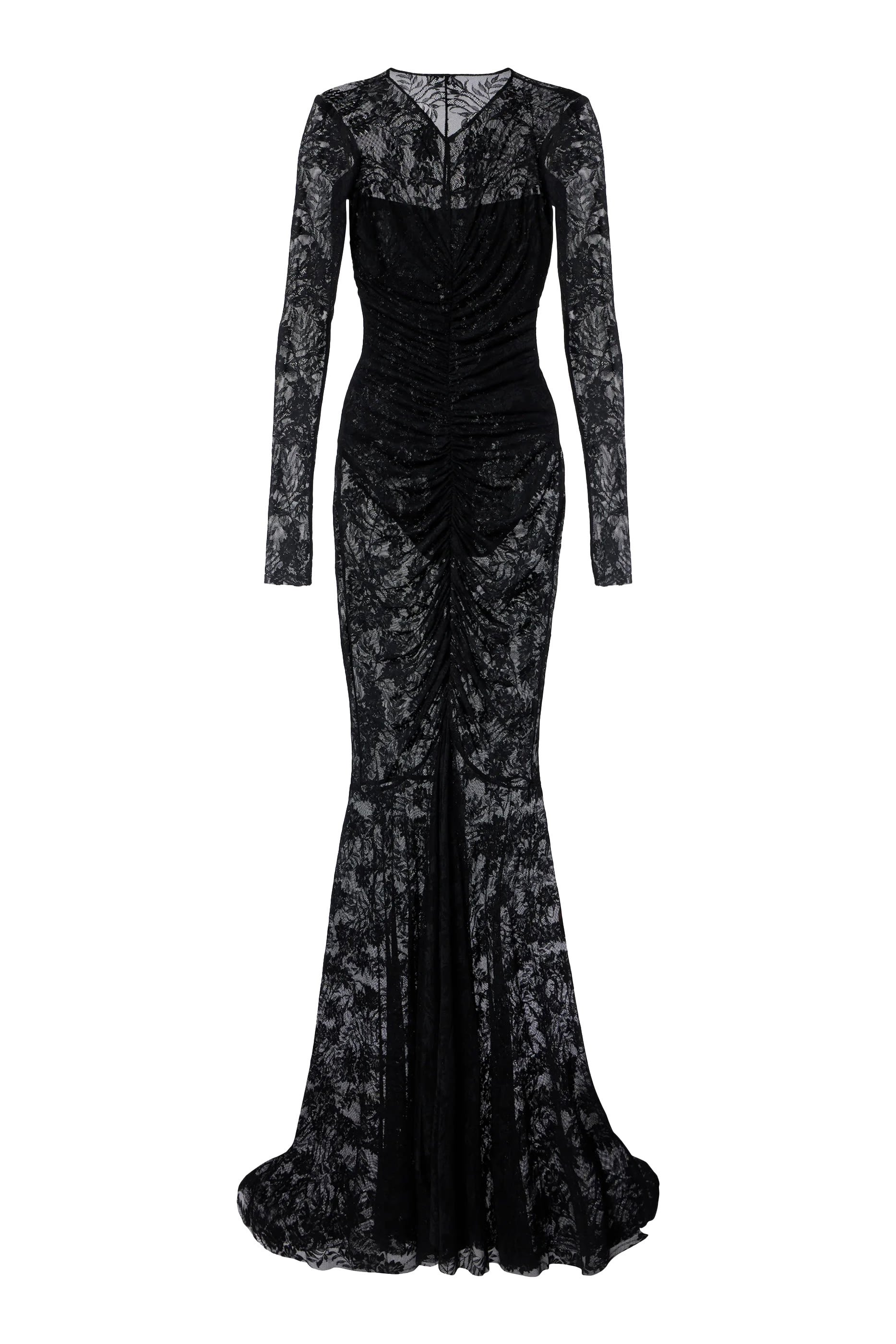 Long Sleeves V-Neck Shirred Front Fishtail Gown