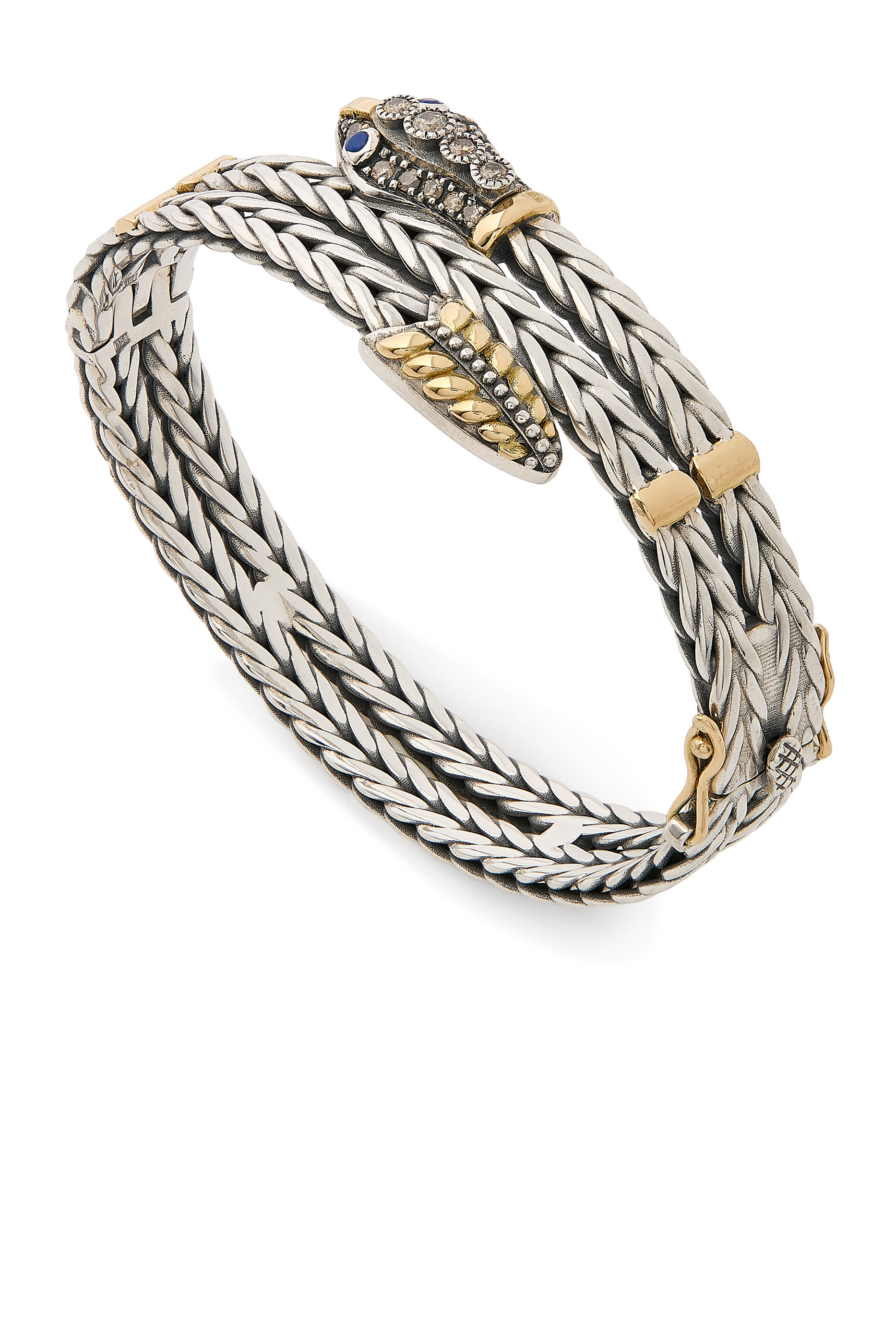 Roman Chain Snake Bangle, 18K Yellow Gold with Sterling Silver & Lapis