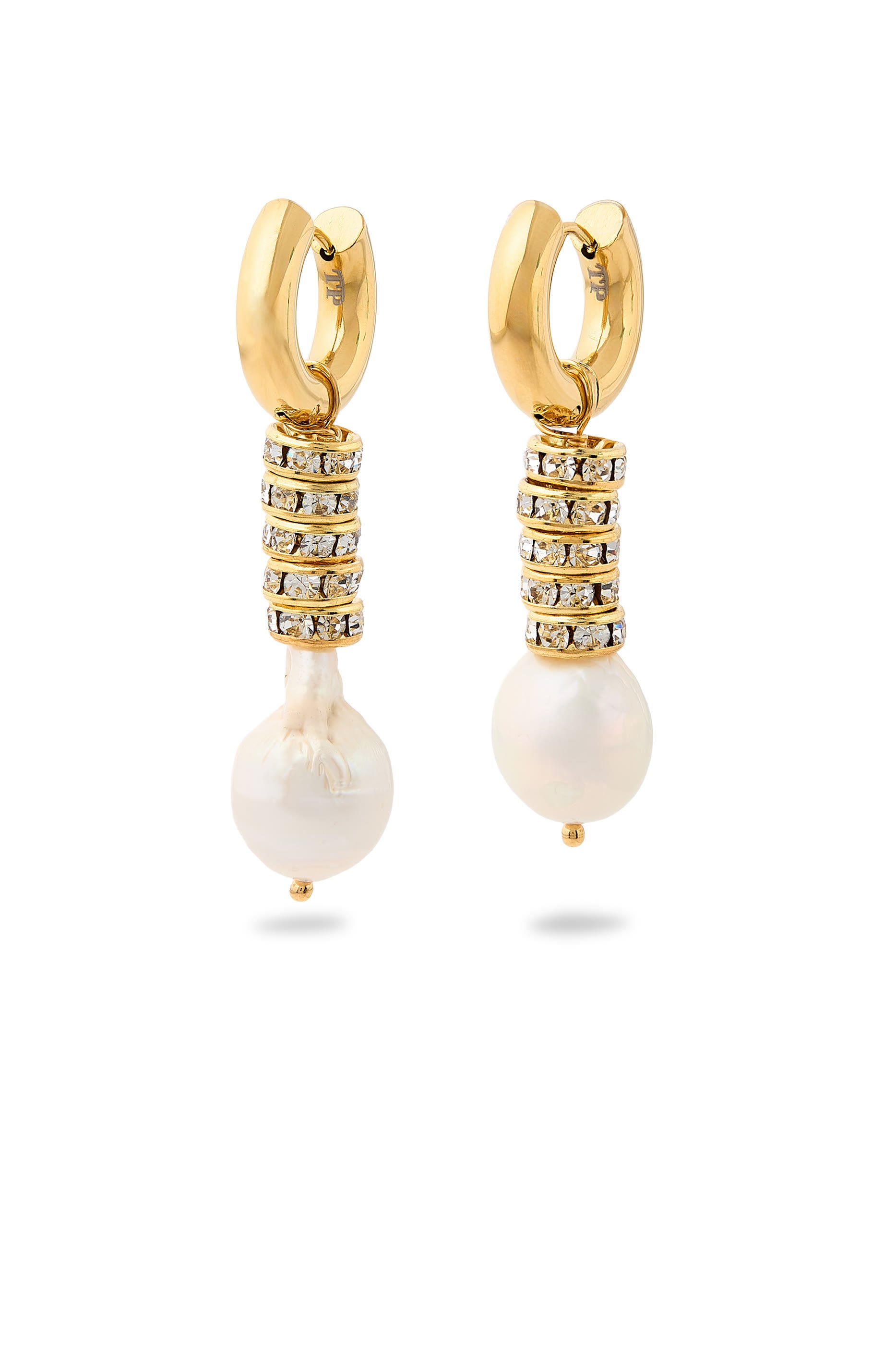 Pearl and Strass Hoop Earrings, 24K Yellow Gold, Pearl & Strass