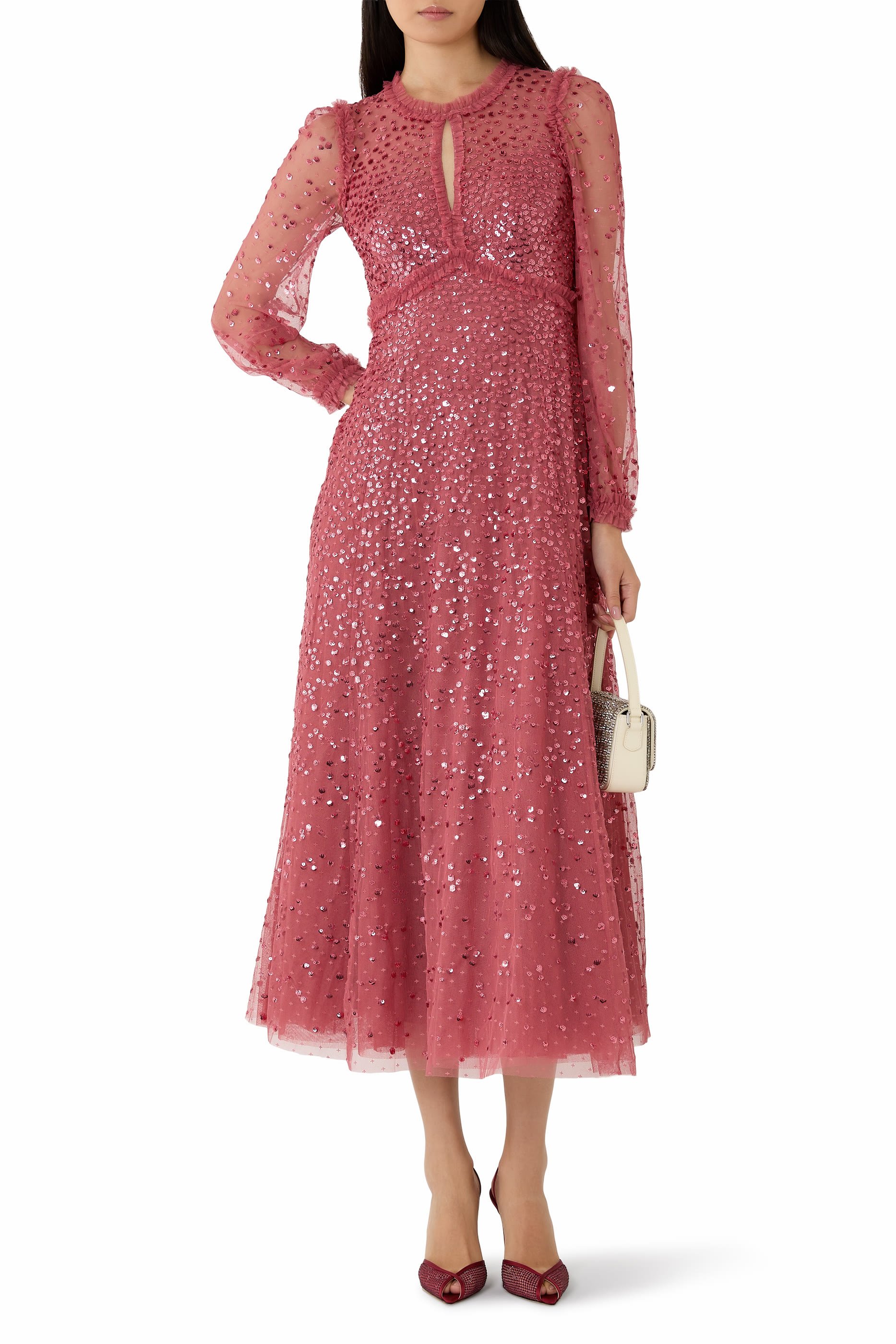  Dappled Sequin Long Sleeve Ankle Gown