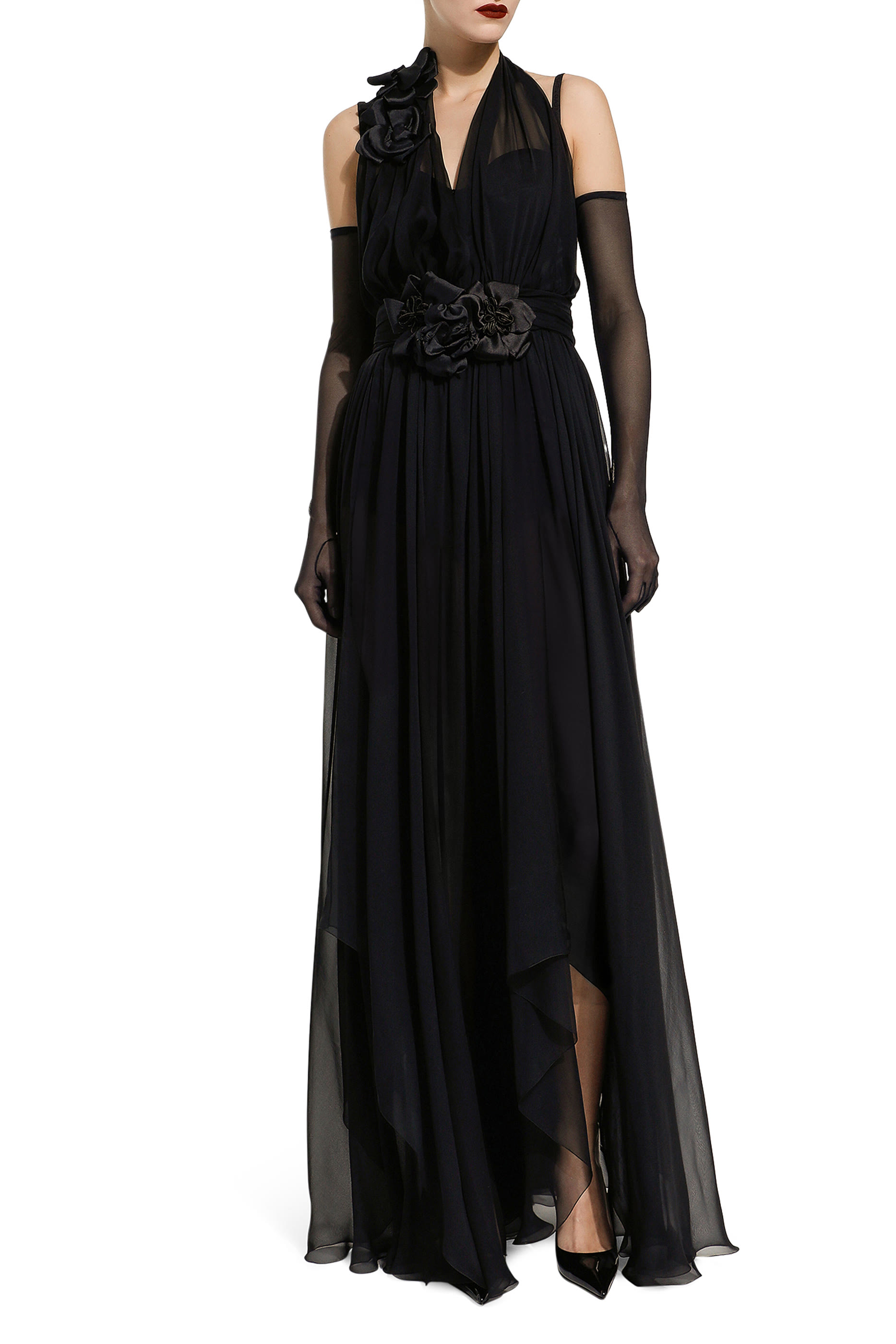 Silk Chiffon Dress with Floral Appliqu&eacute;