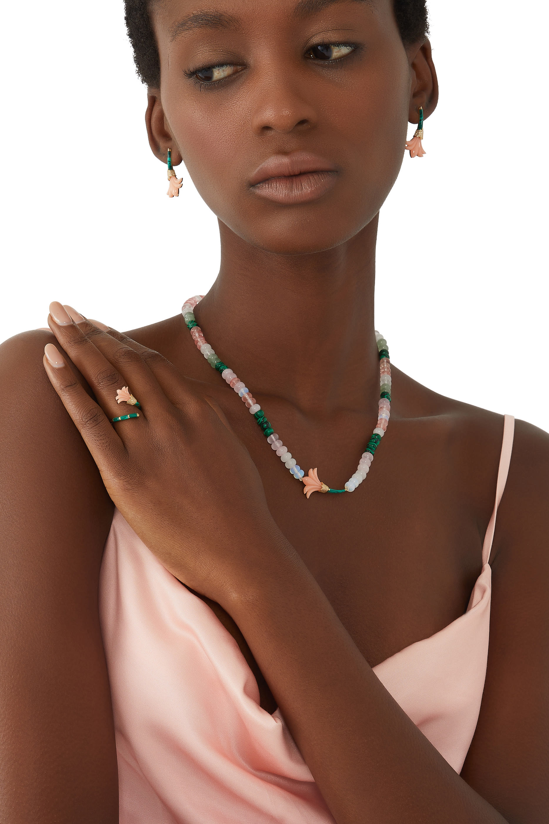 Big Flower Earrings, 18k Yellow Gold with Diamonds, Malachite & Pink Coral