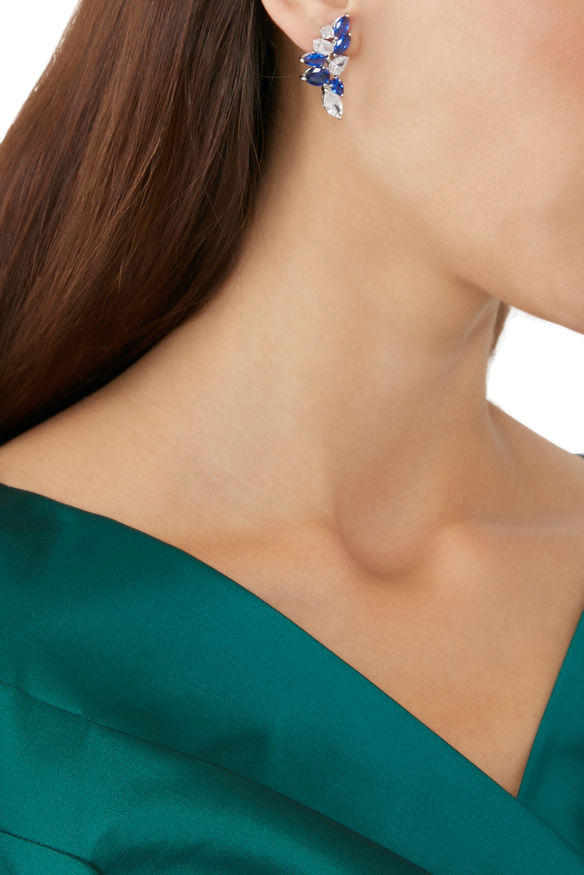 Multi CZ Crescent Earrings, Rhodium-Plated Brass, Emerald & Cubic Zirconia