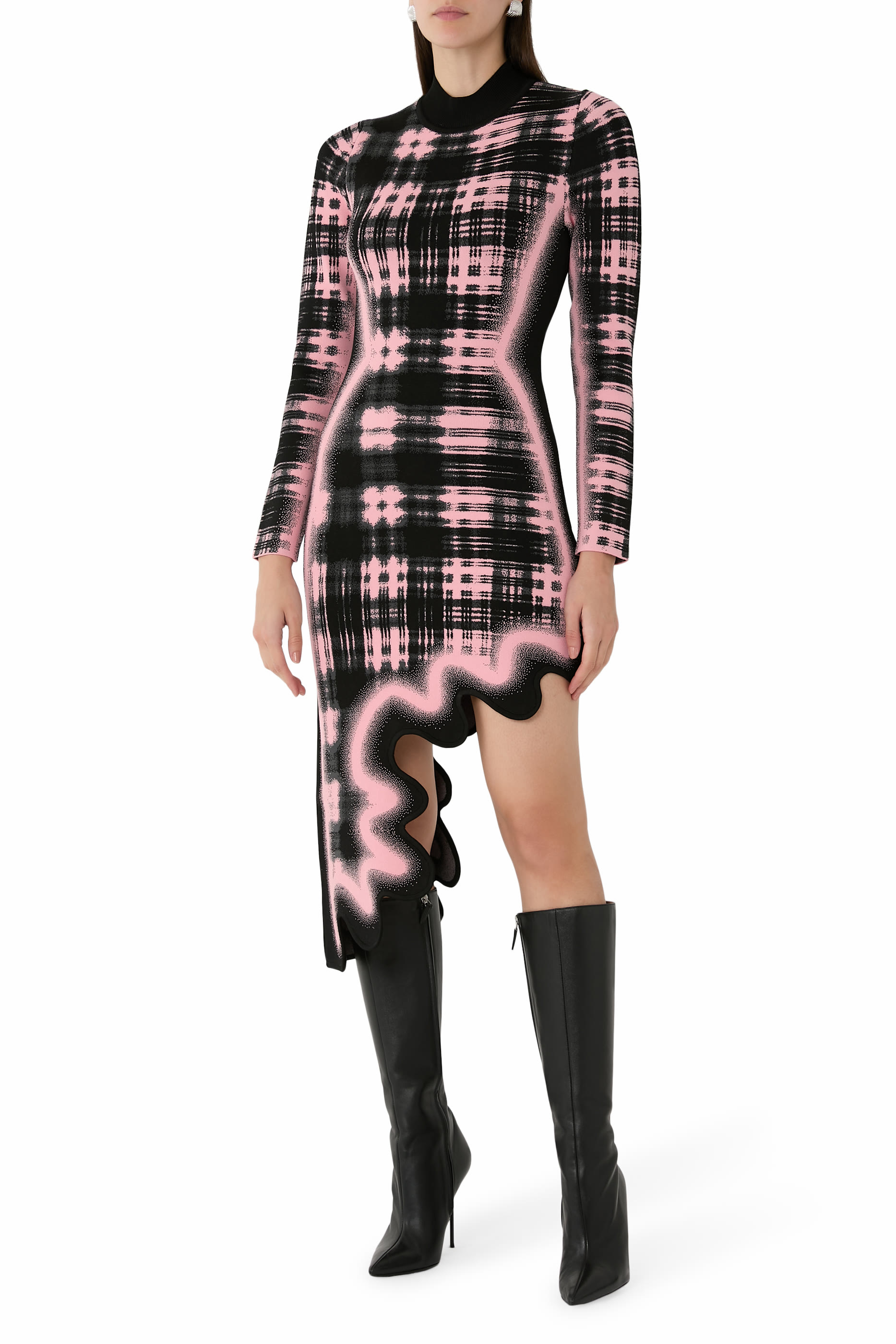 Dobby Long Sleeve Wavy Plaid Dress