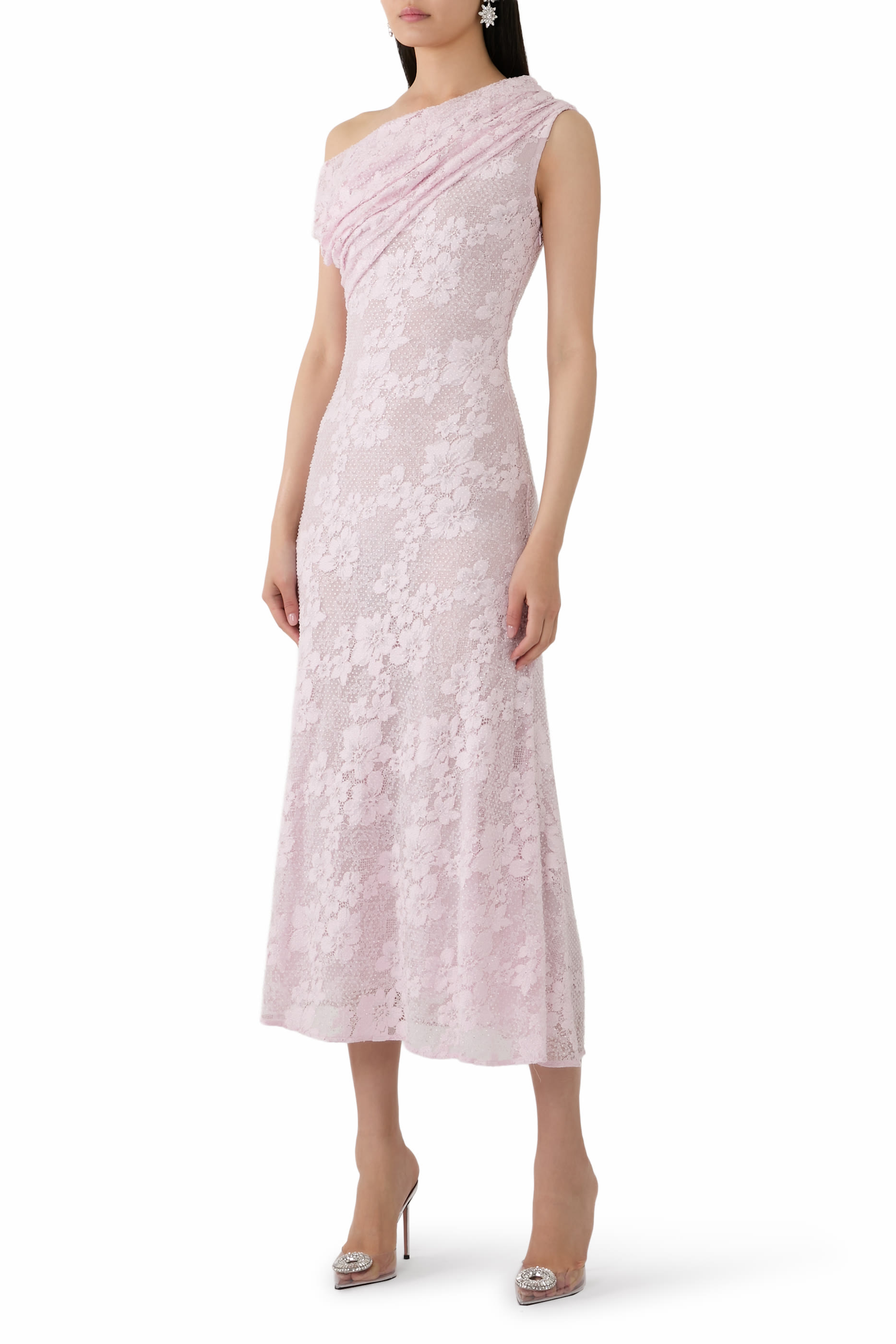 Rhinestone Lace Asymmetric Midi Dress