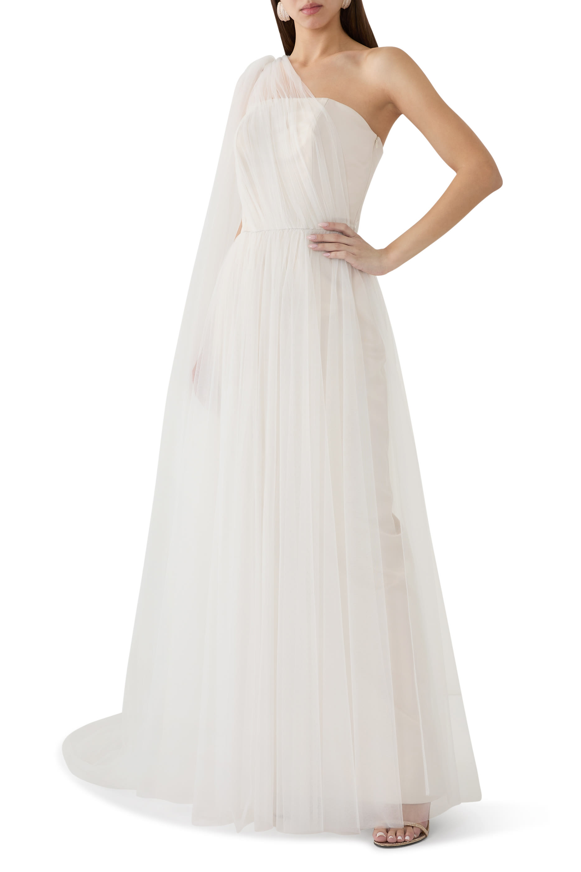 Asymmetrical Tulle Draped Gown with Side Train