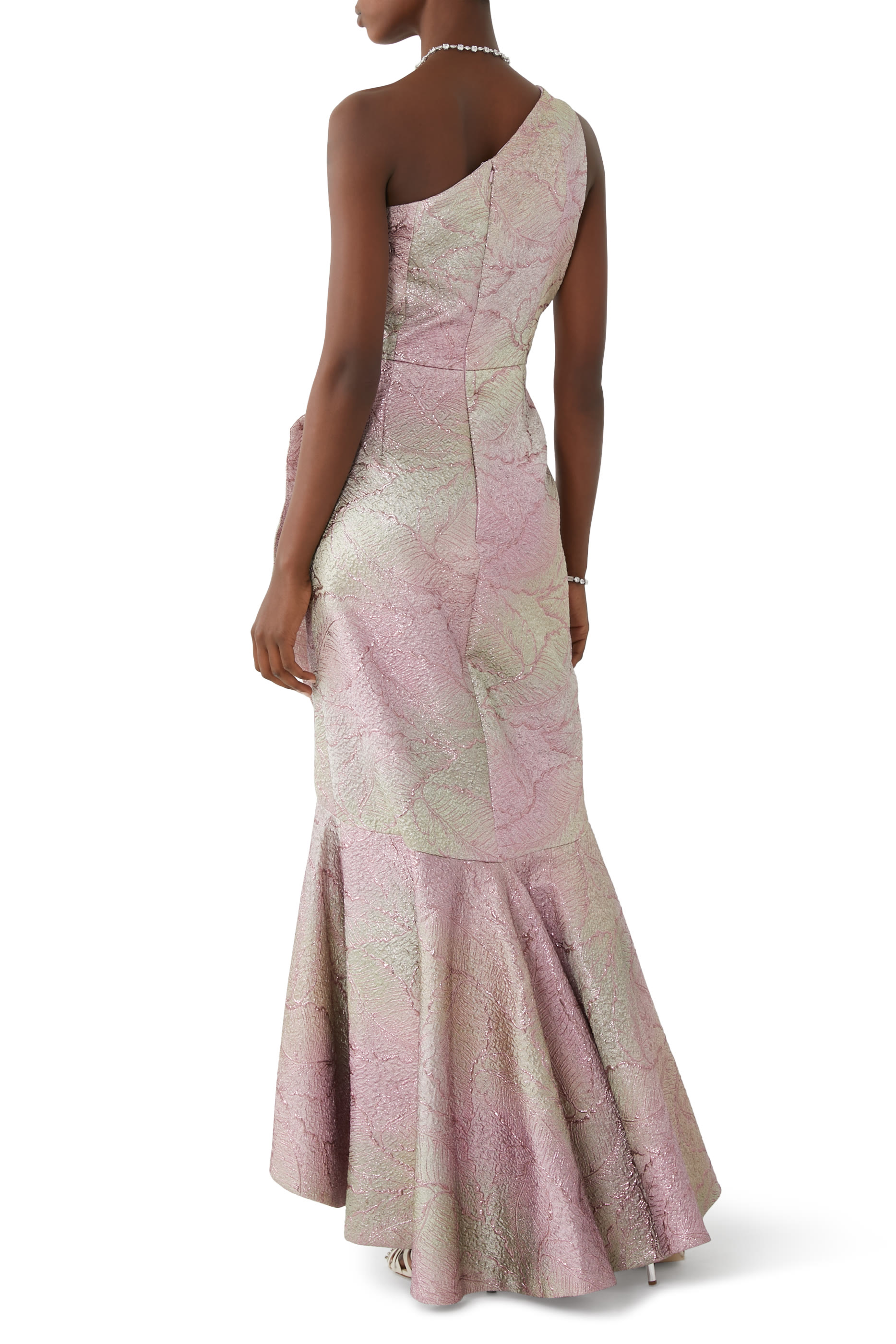 Metallic Jacquard Leaf Pattern Gown