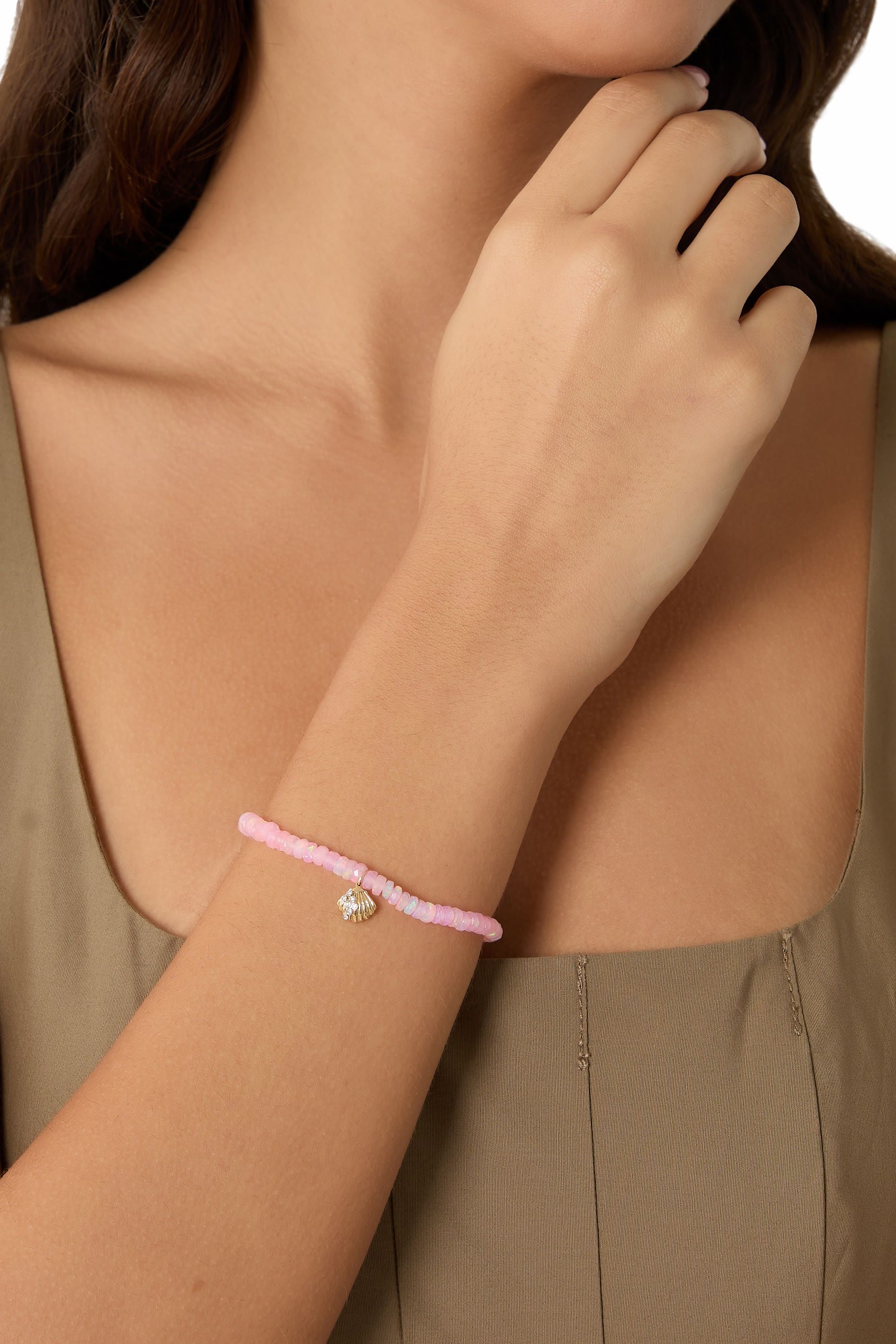 Clam Shell Charm Rondelle Beaded Bracelet, 14k Yellow Gold & Diamonds, Ethiopian Opal