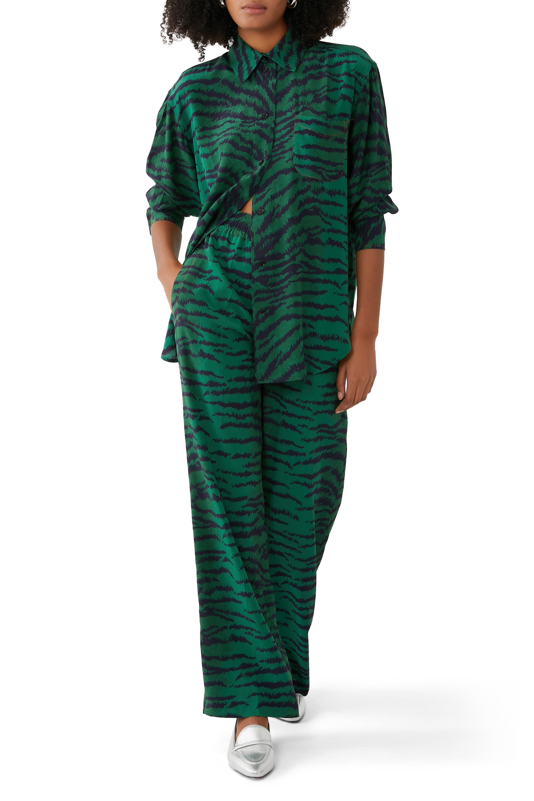 Tiger Print Pajama-Style Silk Shirt