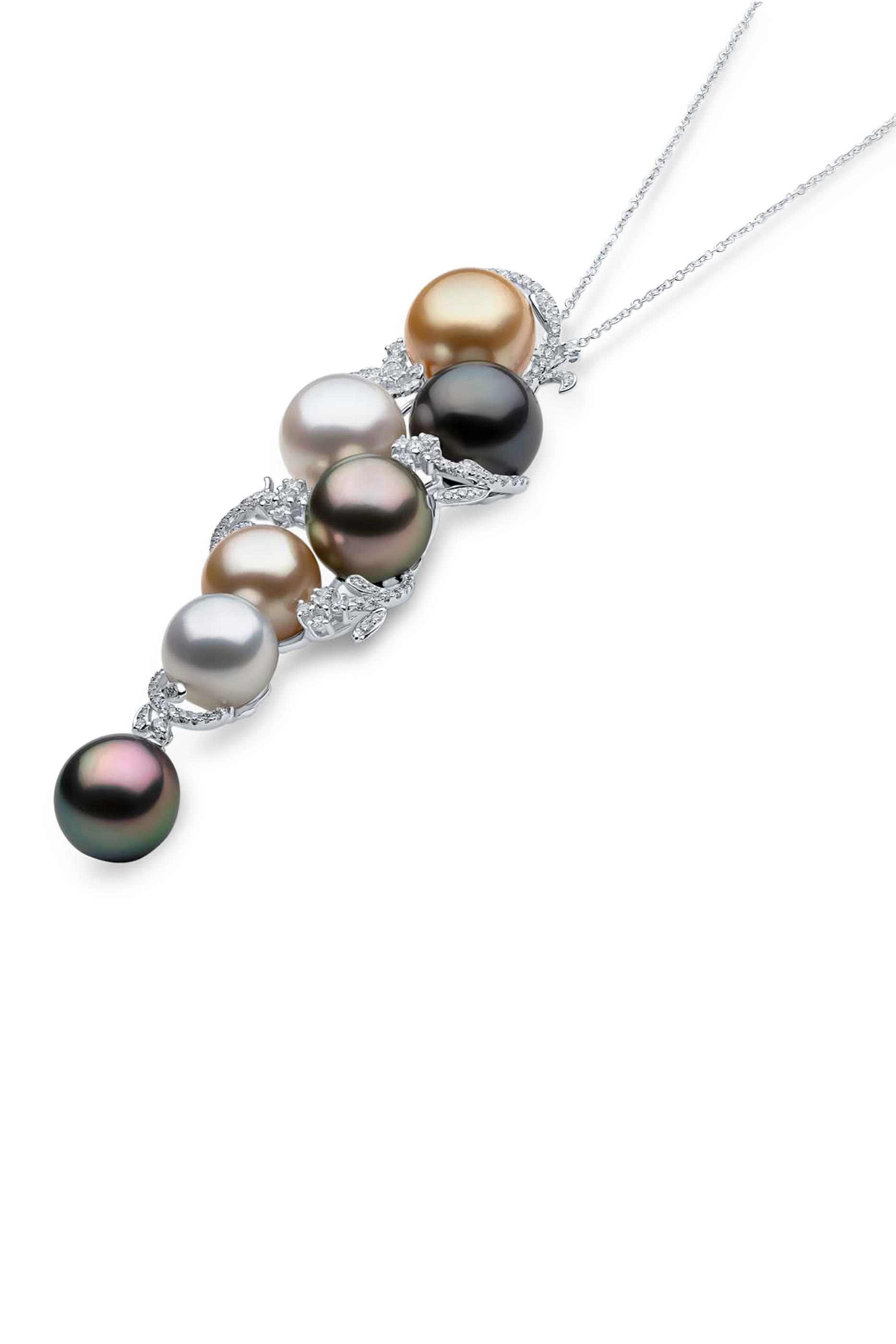 Duchess Pendant Necklace, 18K White Gold with Diamonds & Tahitian, South Sea and Golden Pearls
