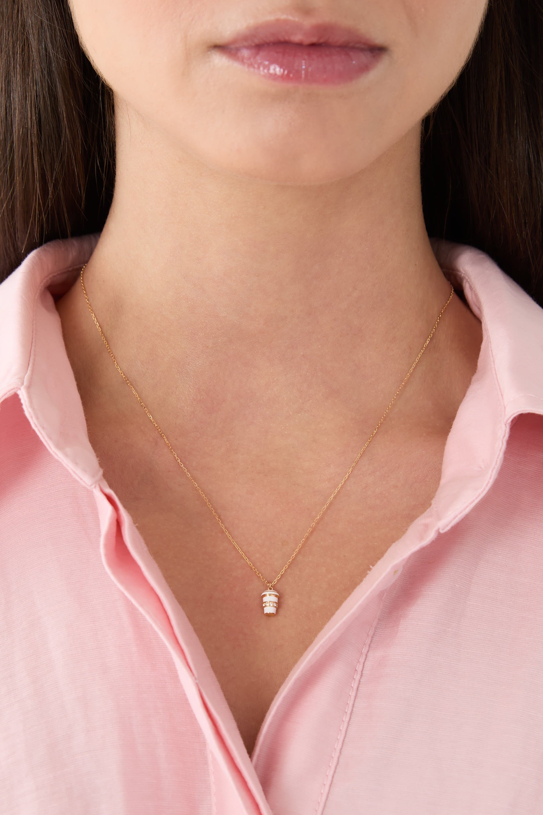 Coffee Mini Necklace, 18k Yellow Gold with Enamel & Diamonds