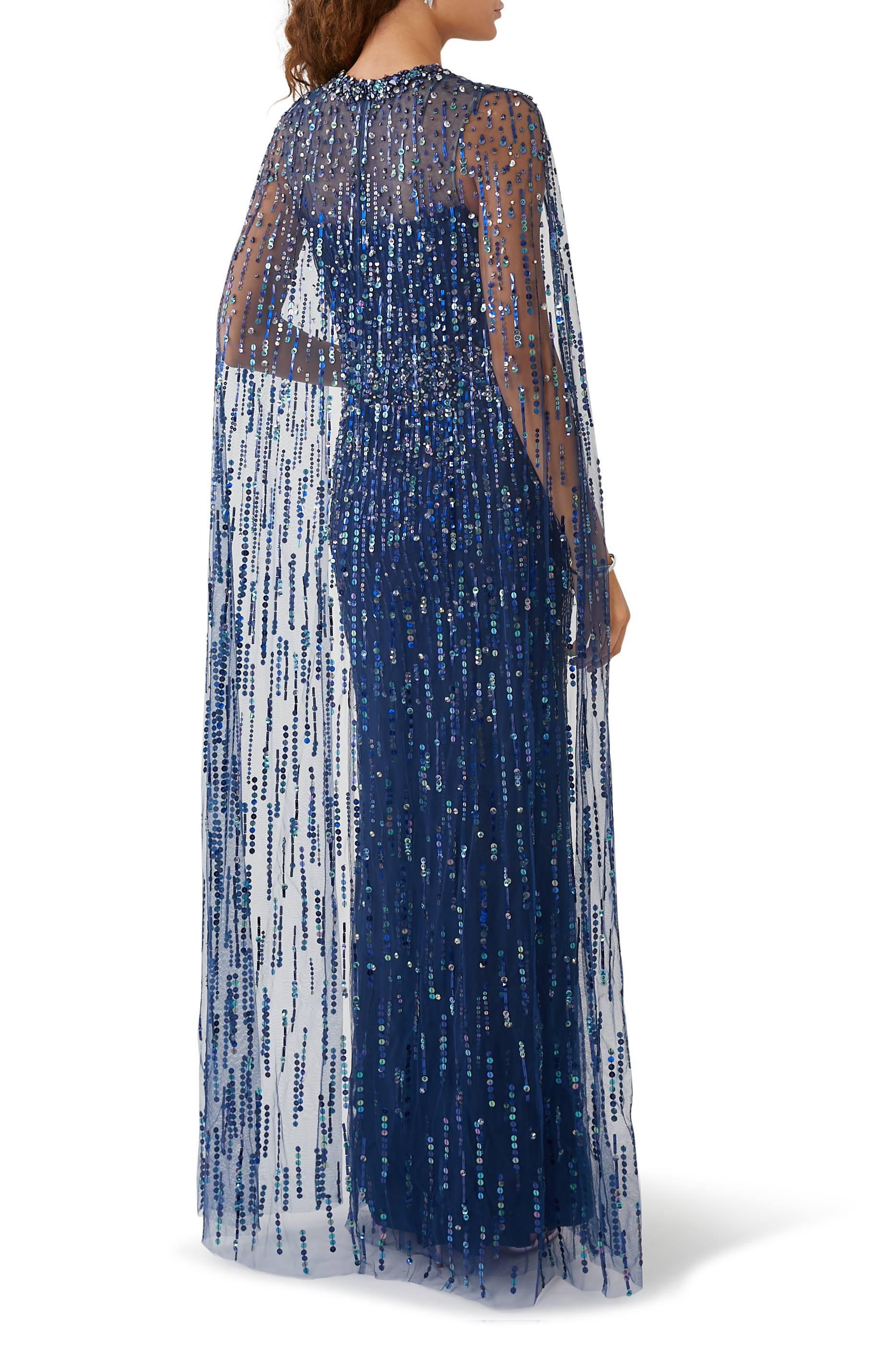 Sequin-Embellished Lux Cape Gown