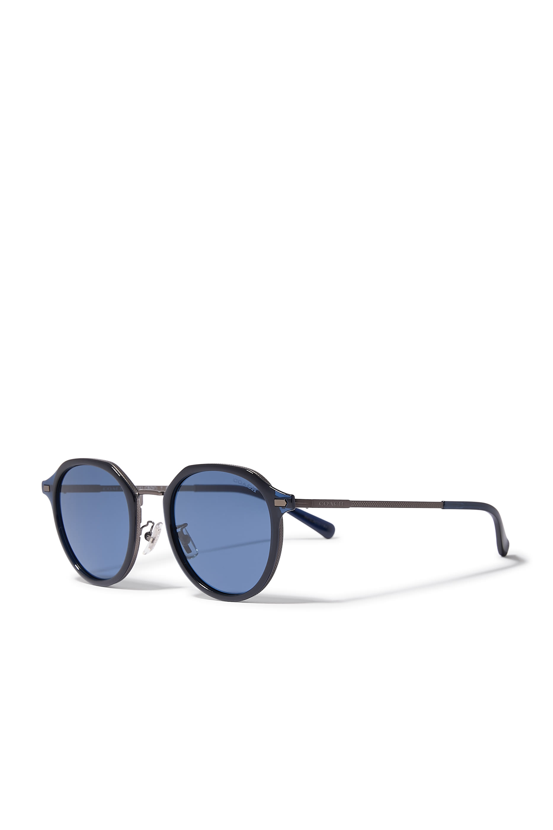 Round-Frame Metal Cross Hatch Temple Sunglasses