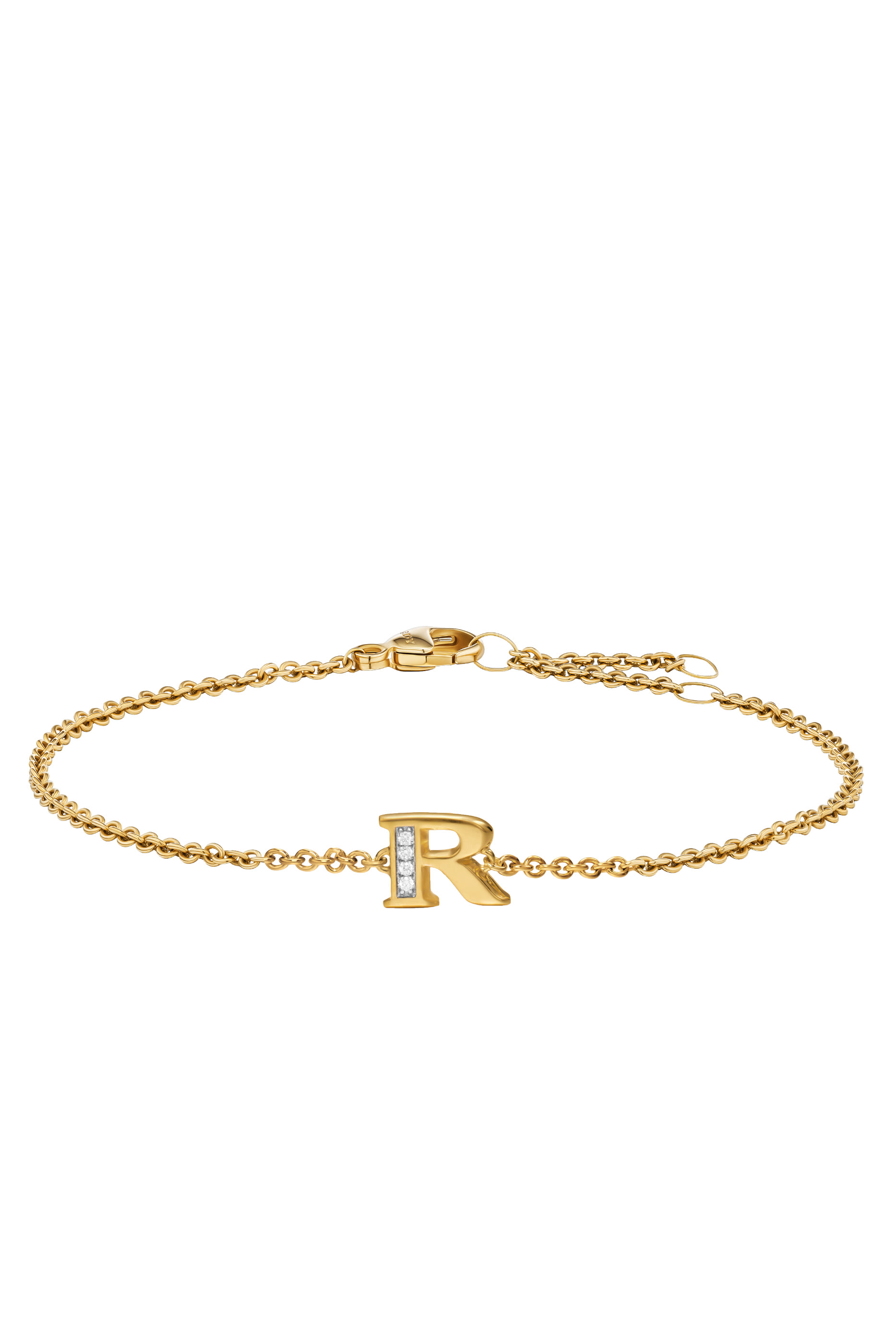 Petite Pavé R Initial Chain Bracelet, 18k Yellow Gold & Diamonds
