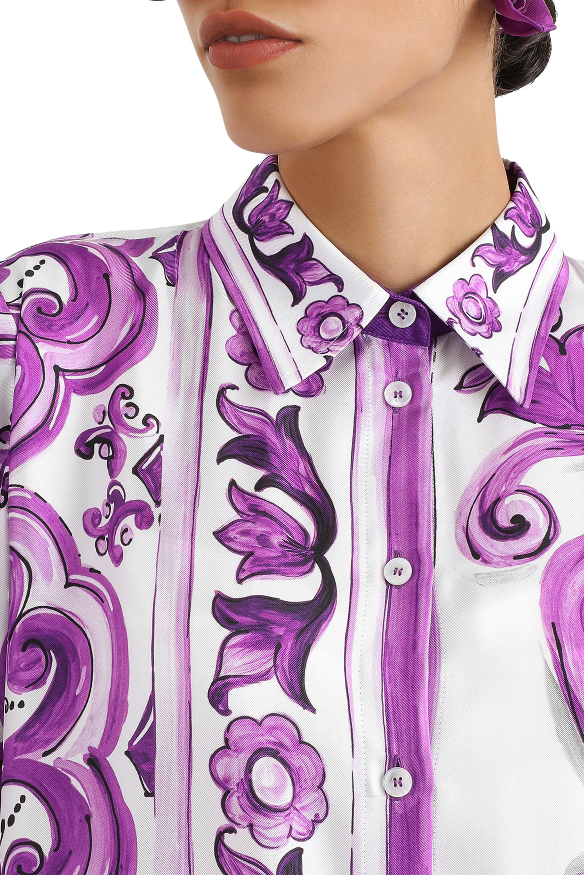 Majolica-Print Long Twill Shirt Dress