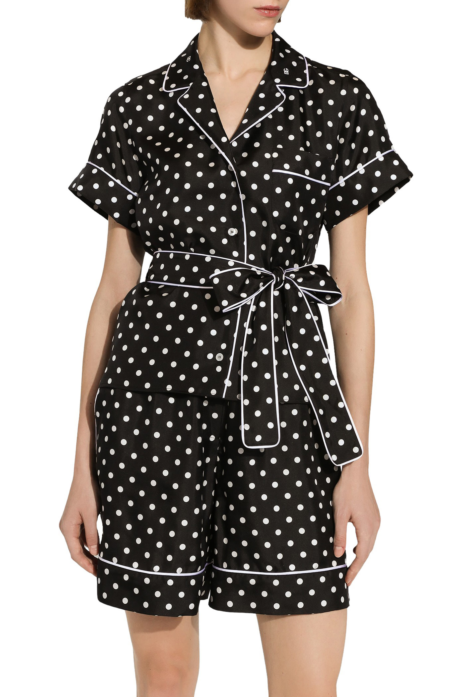 Polka-Dot Short-Sleeve Silk Pajama Shirt