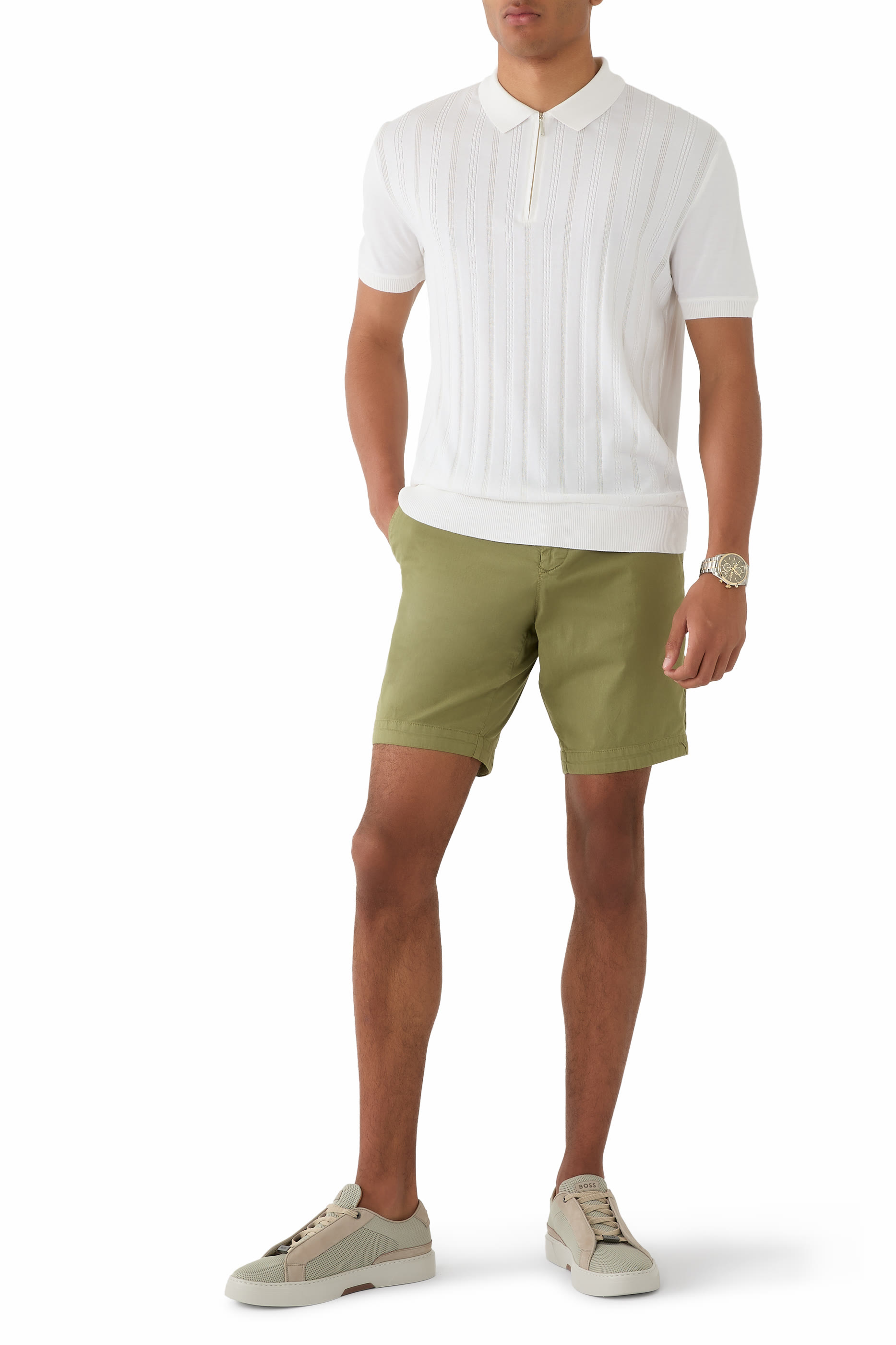 Cabled Front Cotton-Silk Knit Polo