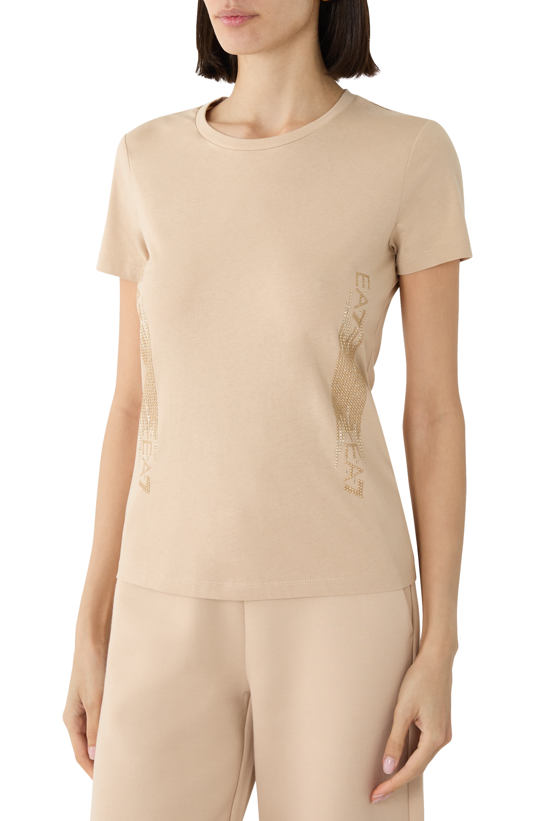 Rhinestone Embellished Logo Cotton T-Shirt