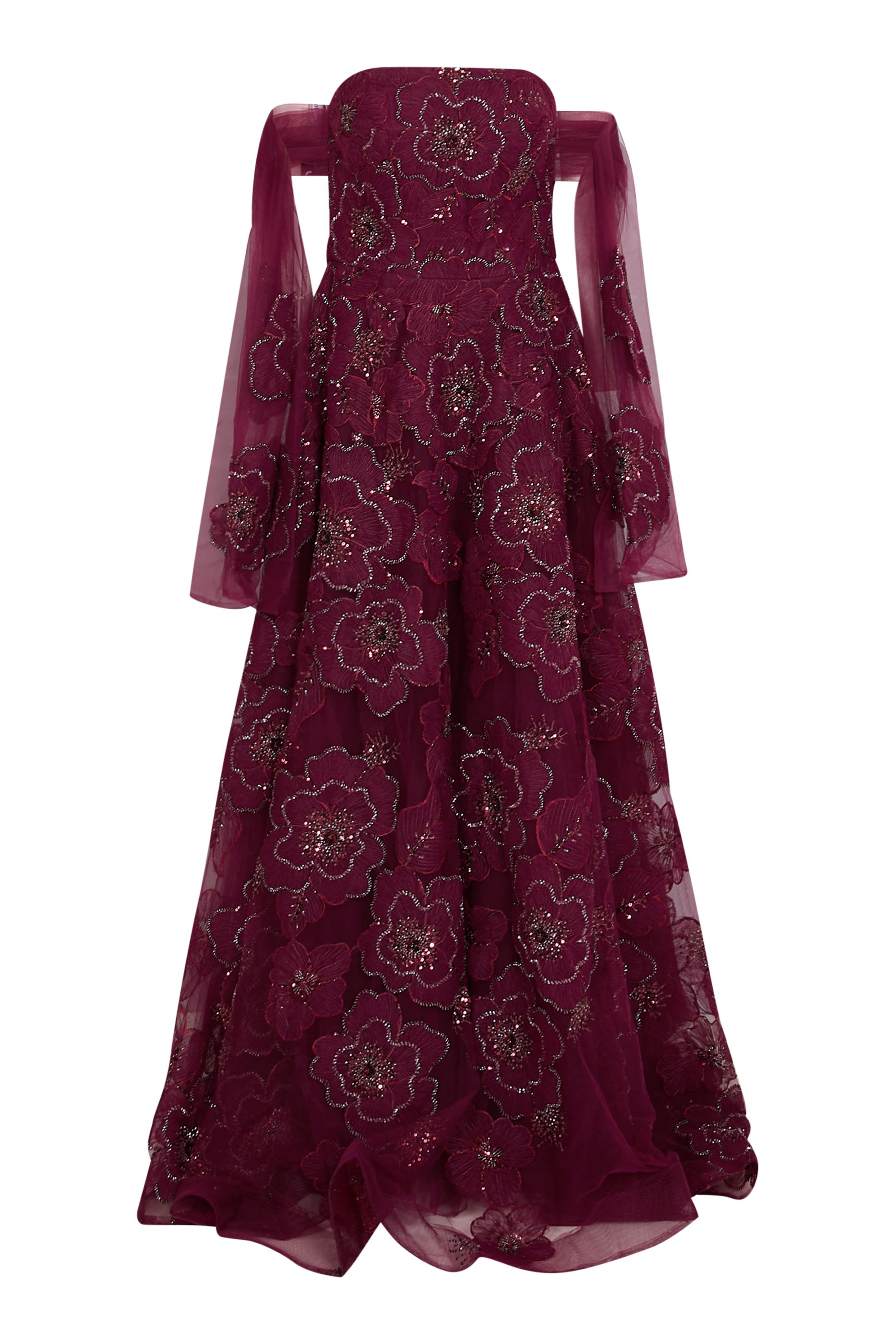 Strapless Ball Gown with Beaded Floral Appliqués 