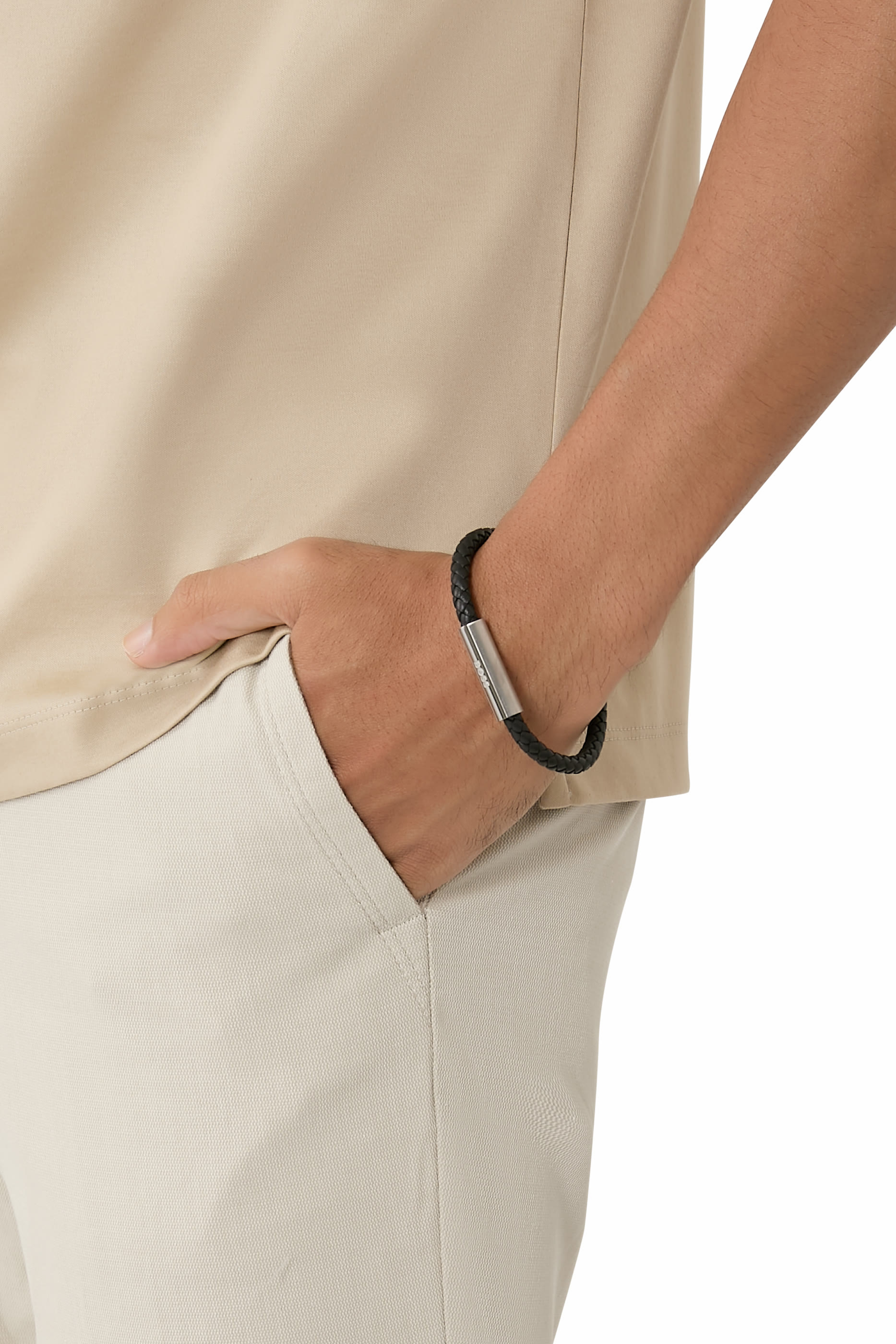 Gents Leather and Stainless Steel Braided Bracelet