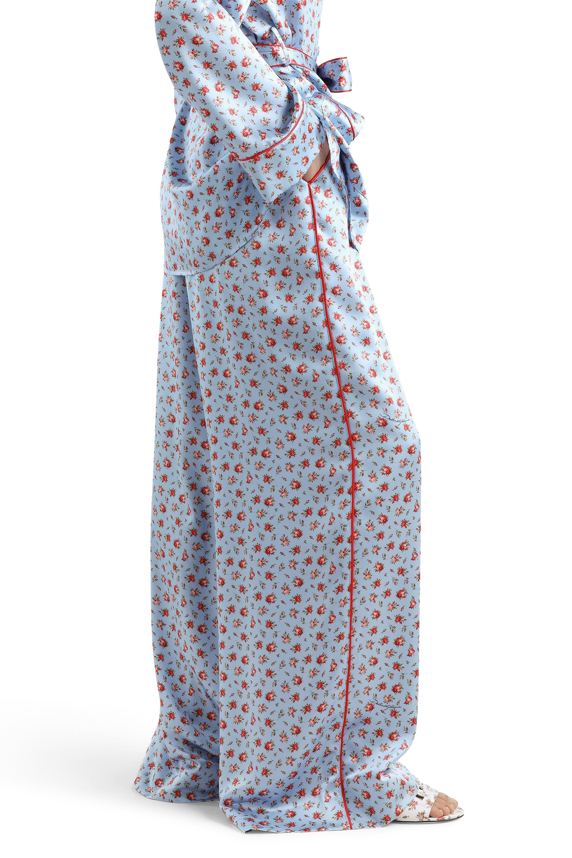 Small Rose-Print Wide Silk Trousers