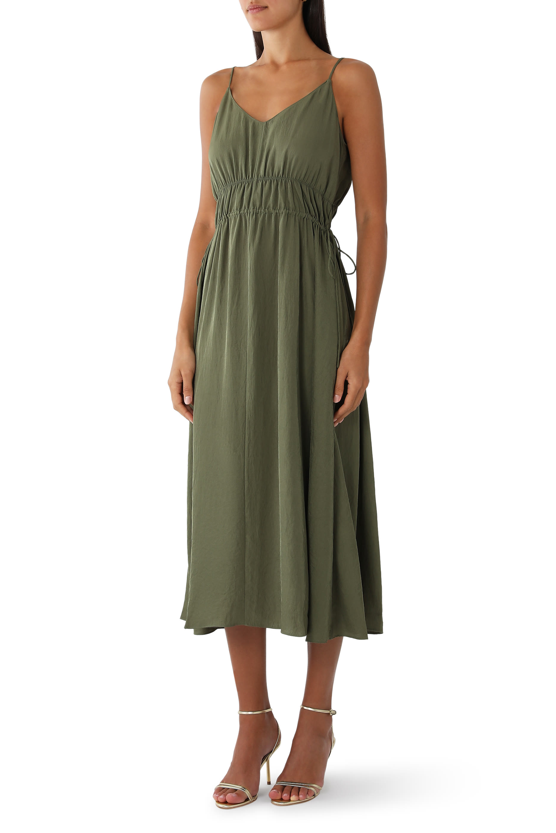 Gathered V-Neck Dress in Washed Twill