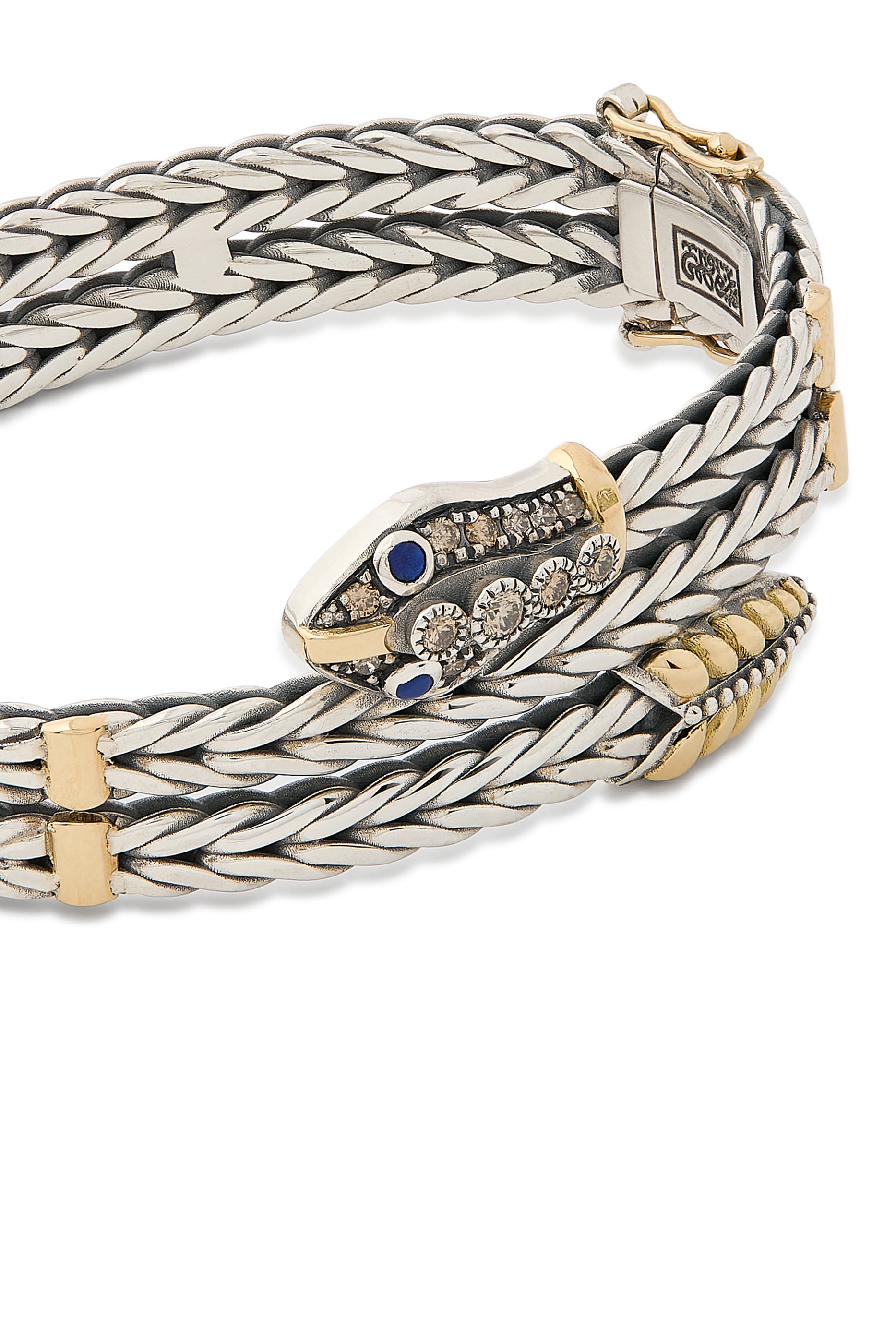 Roman Chain Snake Bangle, 18K Yellow Gold with Sterling Silver & Lapis