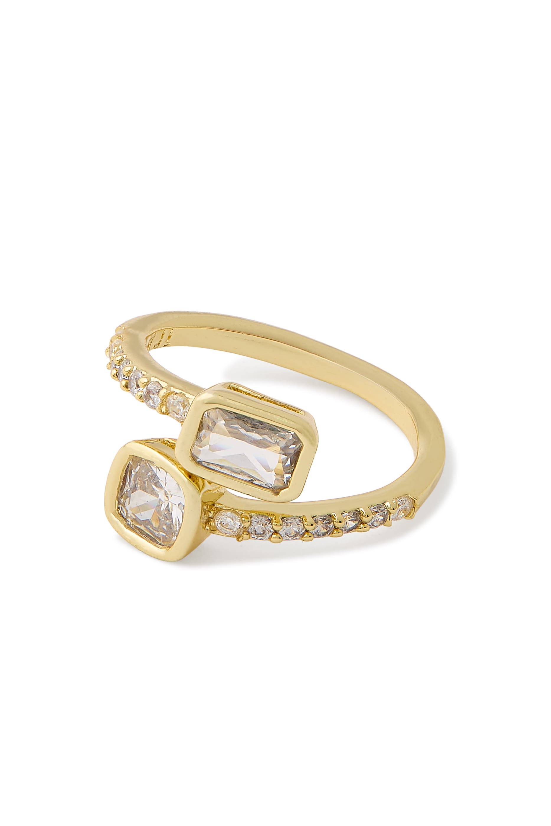  Bypassing Emerald Bezel Pav&eacute; Open Ring, Gold-Plated Brass & Cubic Zirconia