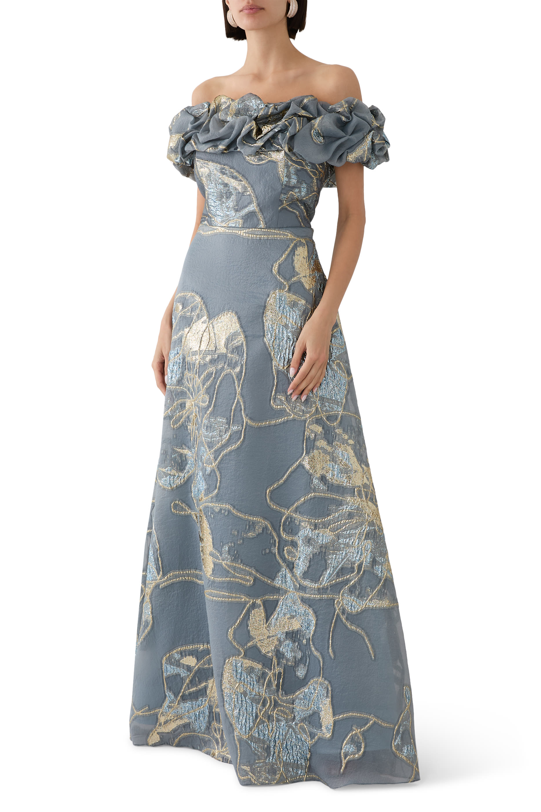 Jacquard Scrunch Bodice Off Shoulder Gown