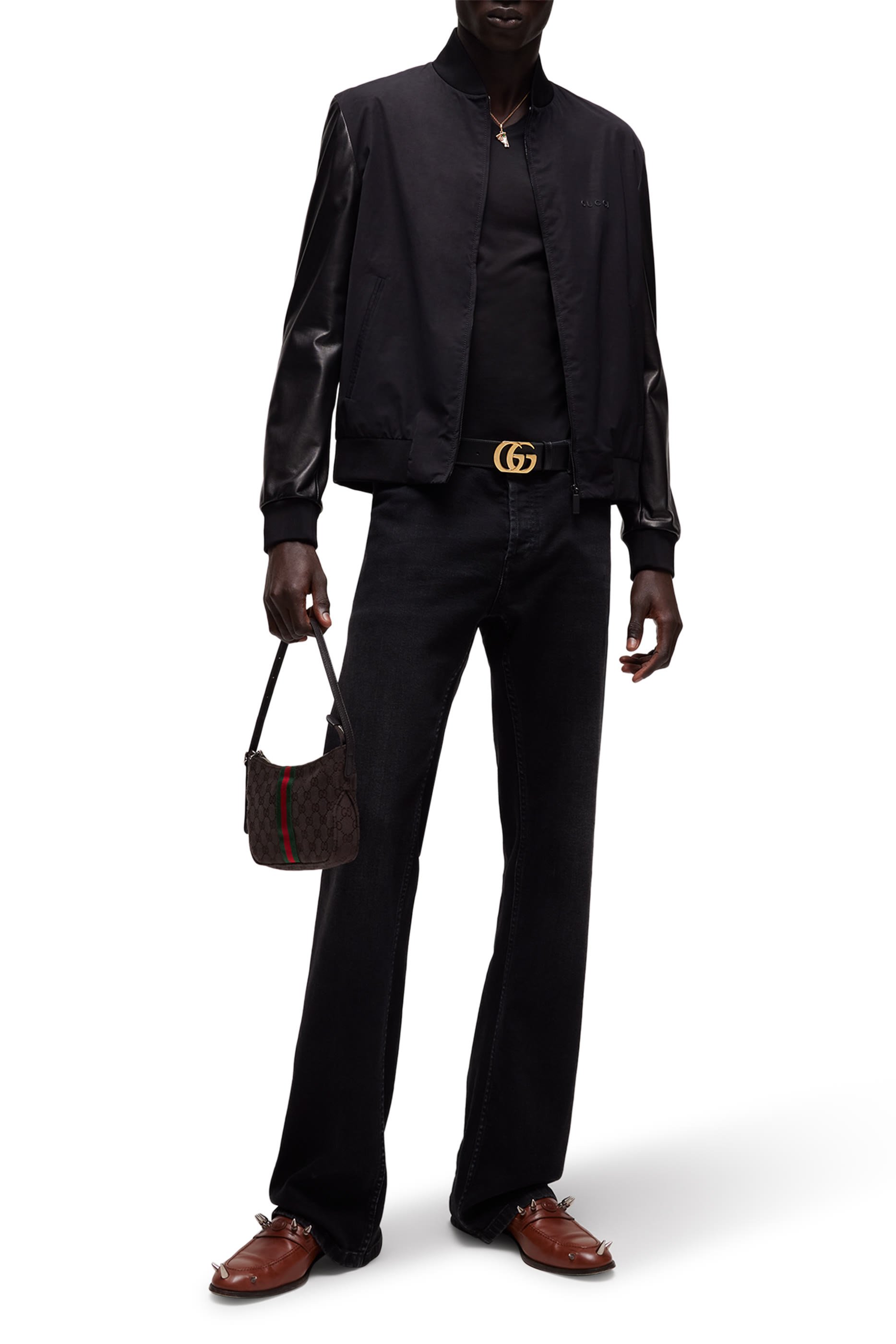 Fabric Bomber Jacket with Nappa Sleeves