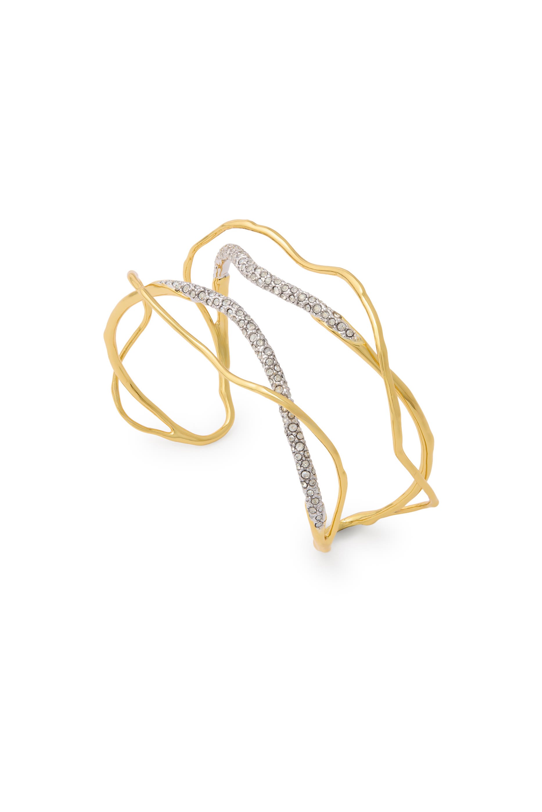 Solanales Crystal Cuff Bracelet, 14k Gold Plated Brass with Rhodium Tone Plated Brass & Crystal