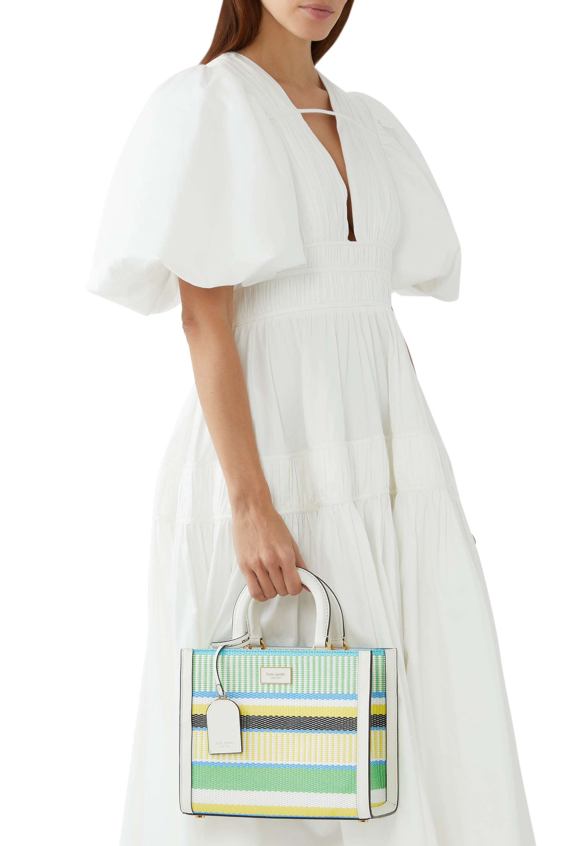 Manhattan Striped Woven Straw Small Tote Bag