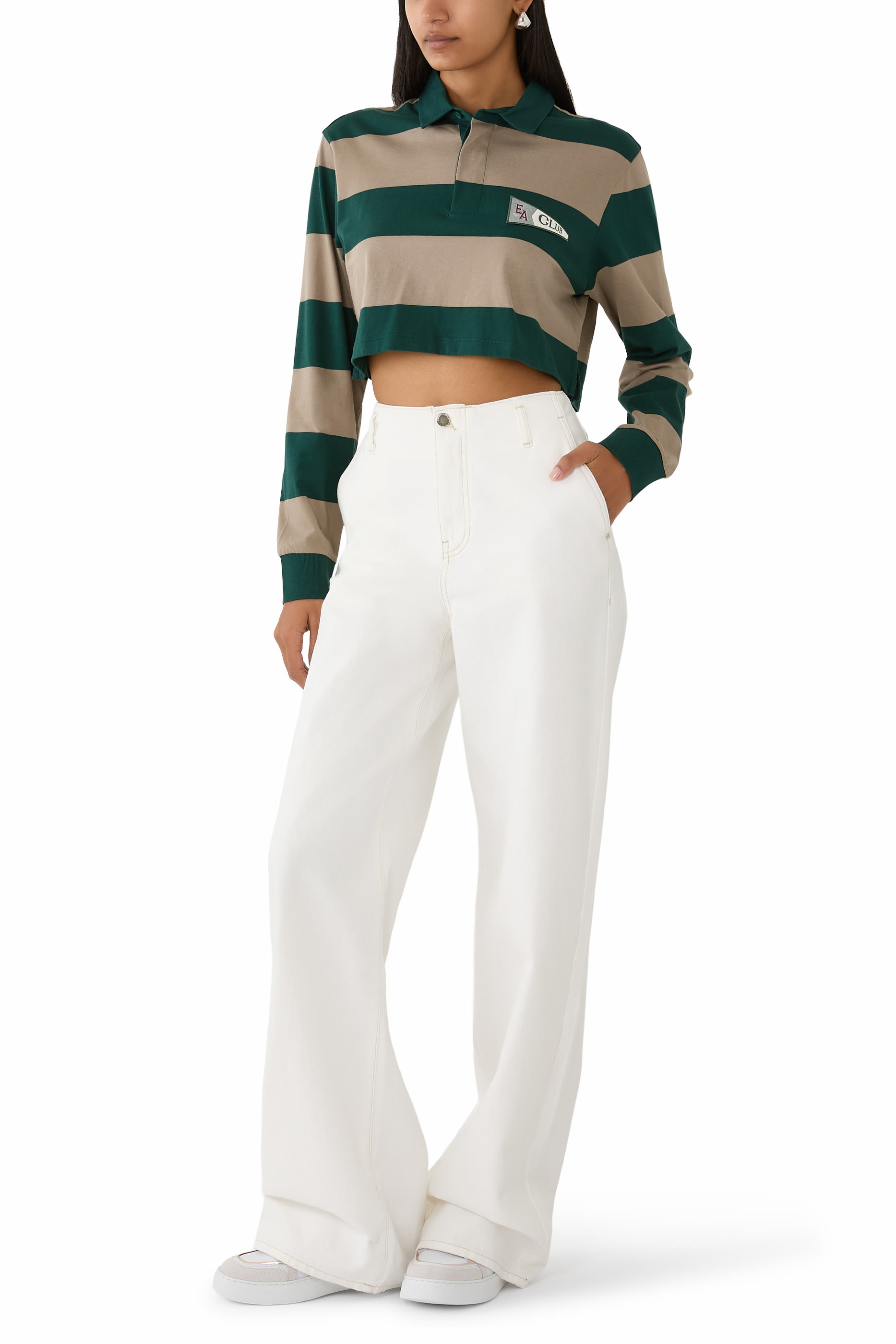 Cropped Polo Shirt in Maxi Striped Jersey with Eagle Club Patch