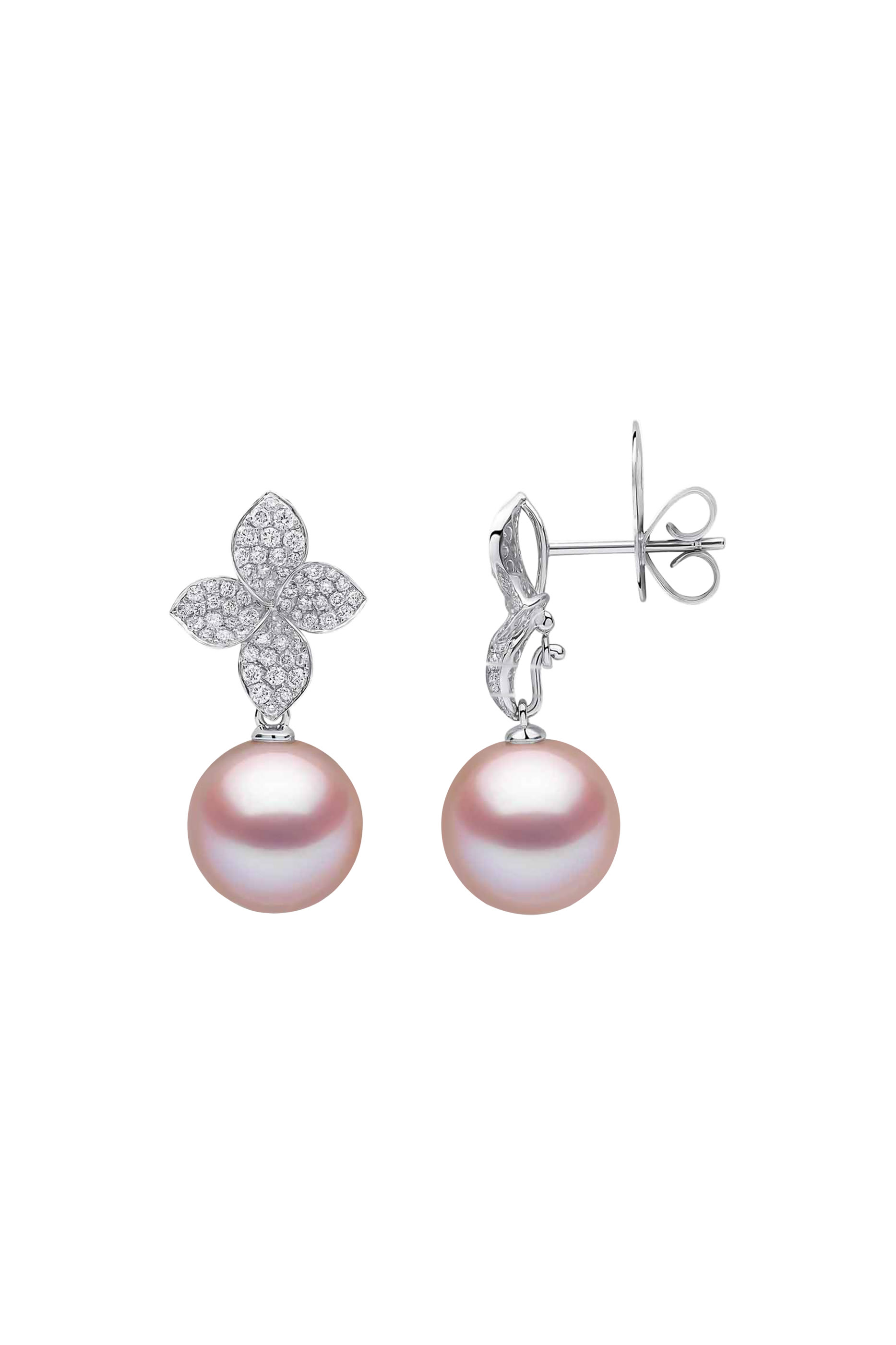 Contessa Flower Drop Earrings, 18K White Gold with Freshwater Pink Pearls & Diamonds
