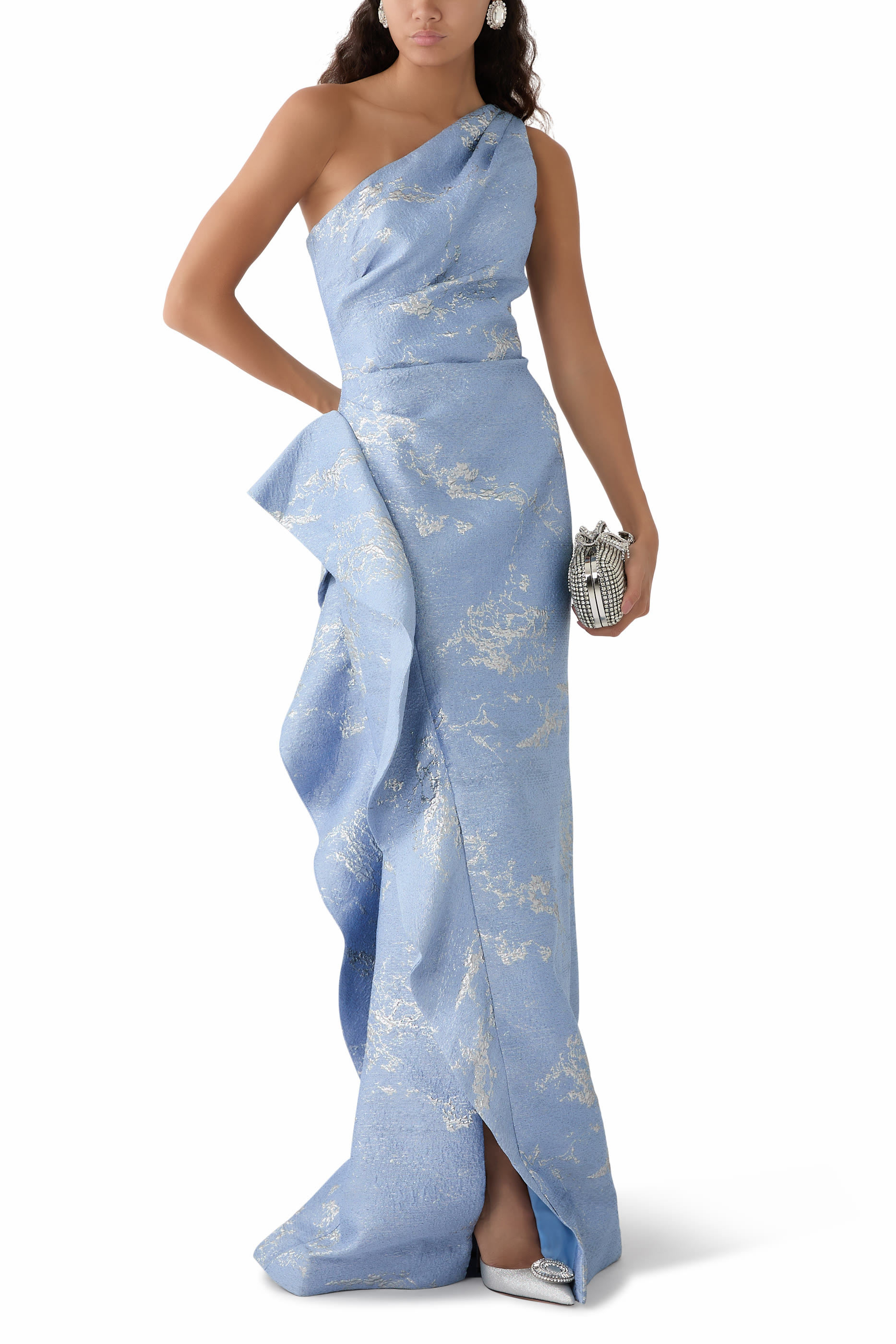 Metallic Jacquard One Shoulder Side Ruffle Gown