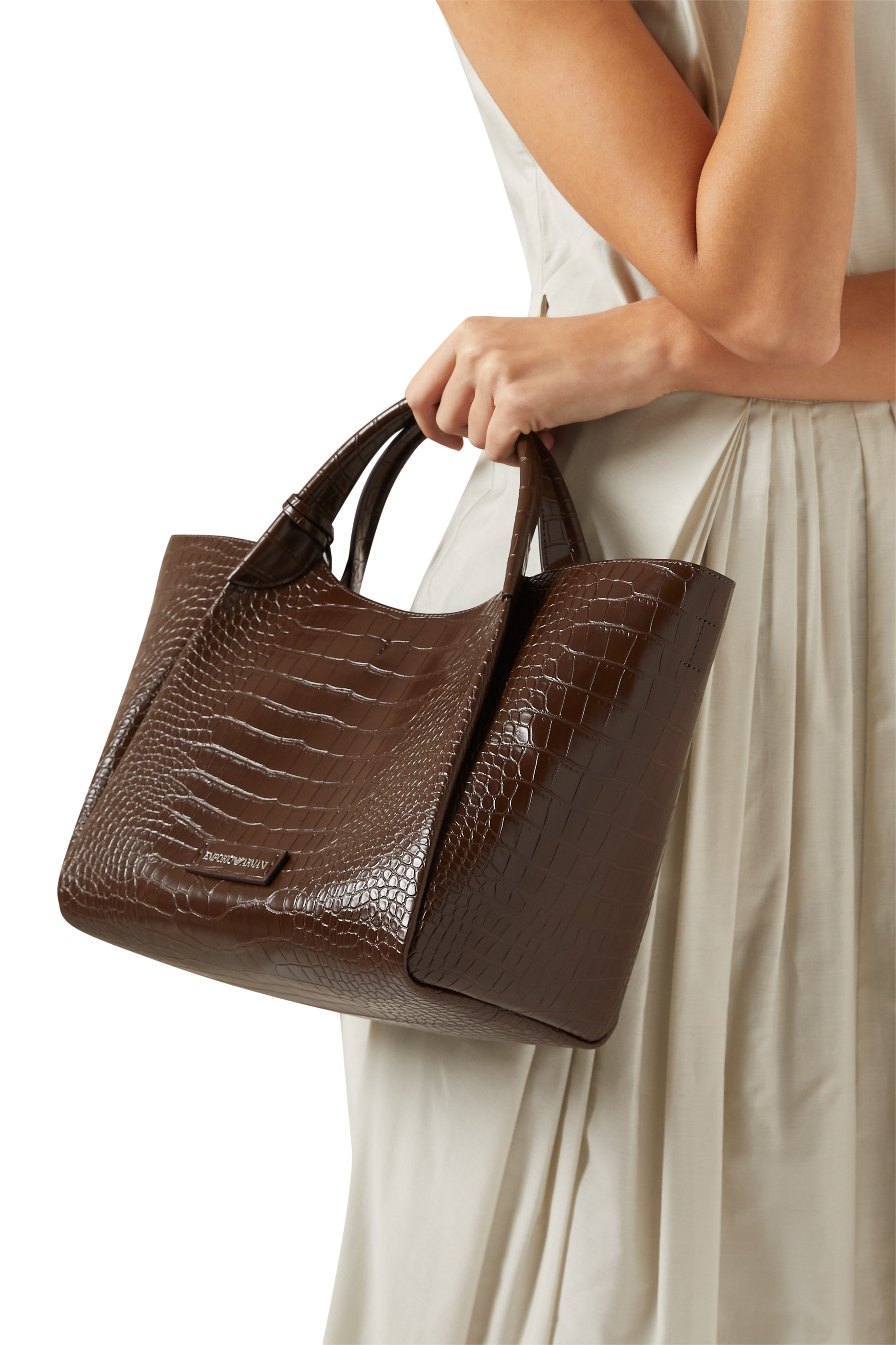 Shopper Bag With Mock-Croc Finish and Logo Charm