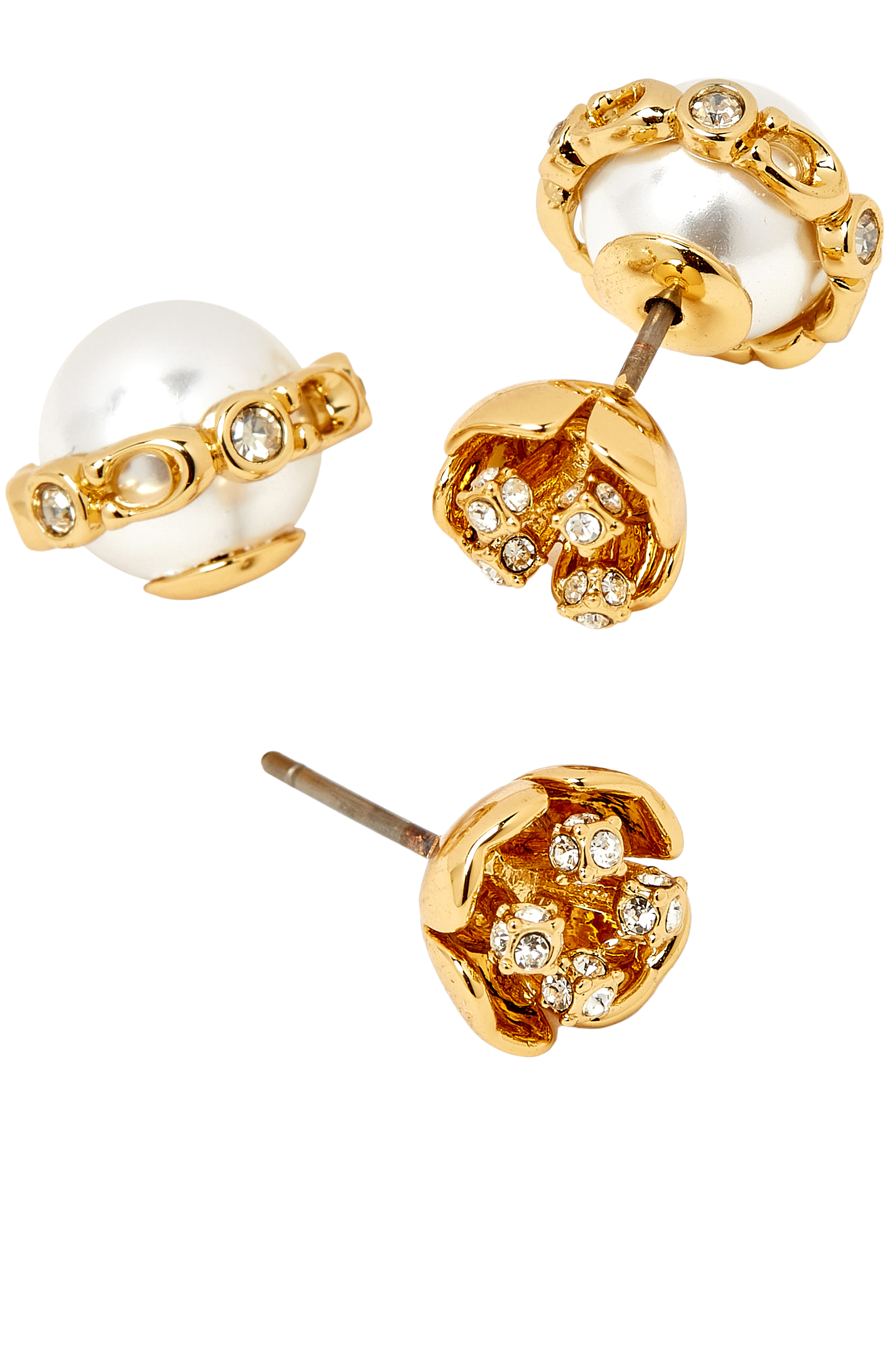 Pearl Floral Front Back Stud Earrings, Plated Brass, Glass & Cubic Zirconia