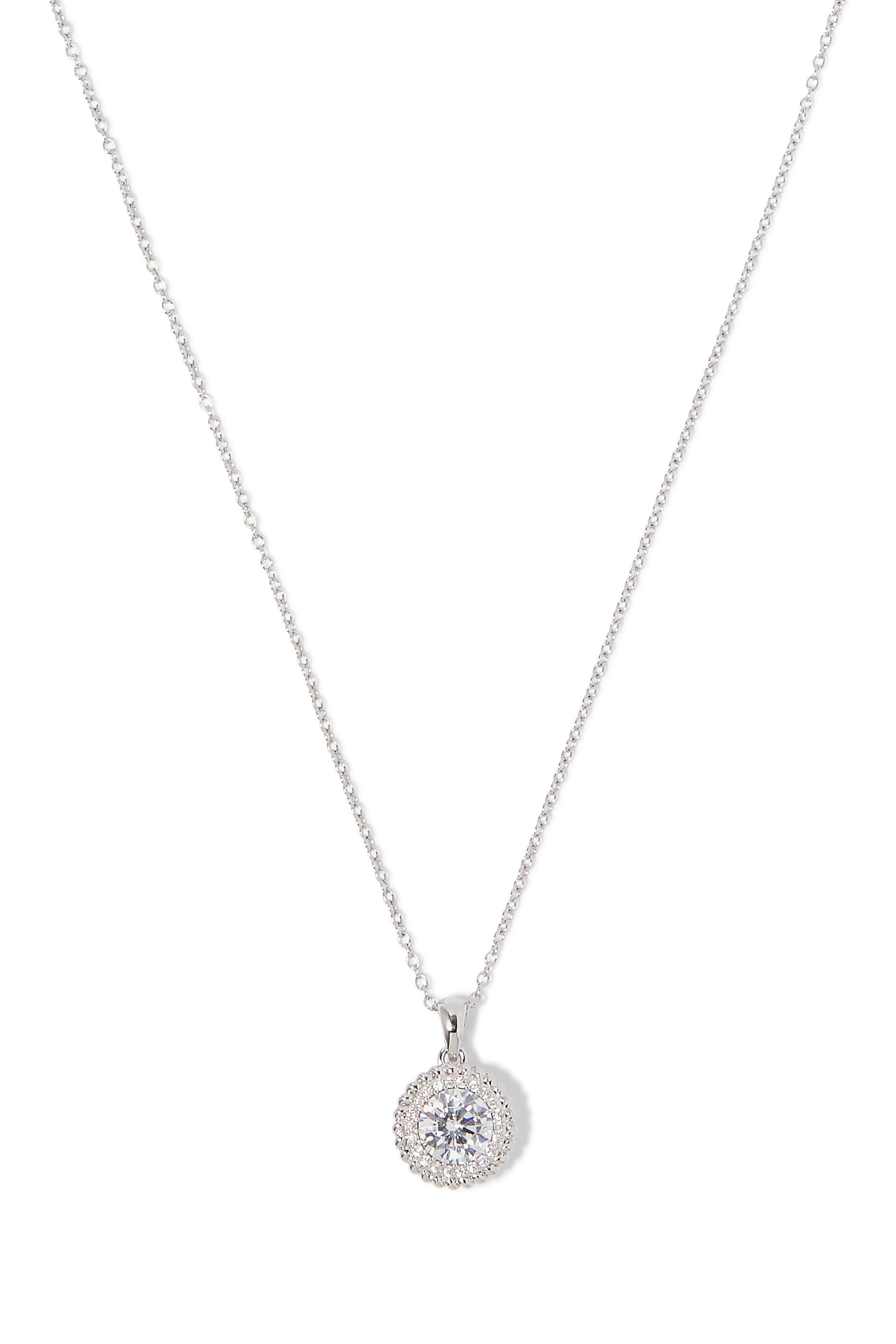  Round Pendant Necklace, Rhodium Plated Brass & Cubic Zirconia