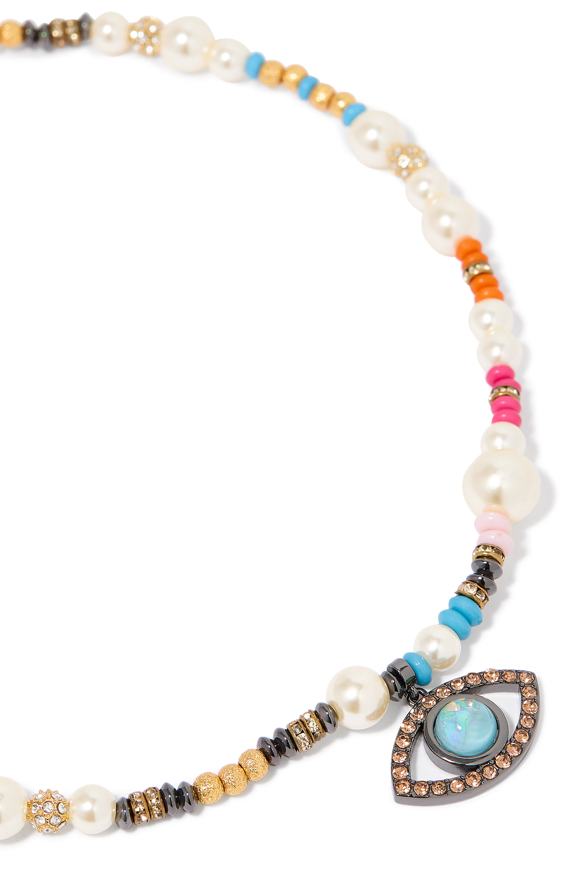 Evil Eye Pendant Necklace, Brass & Acrylic Faux Pearl, Glass, Resin