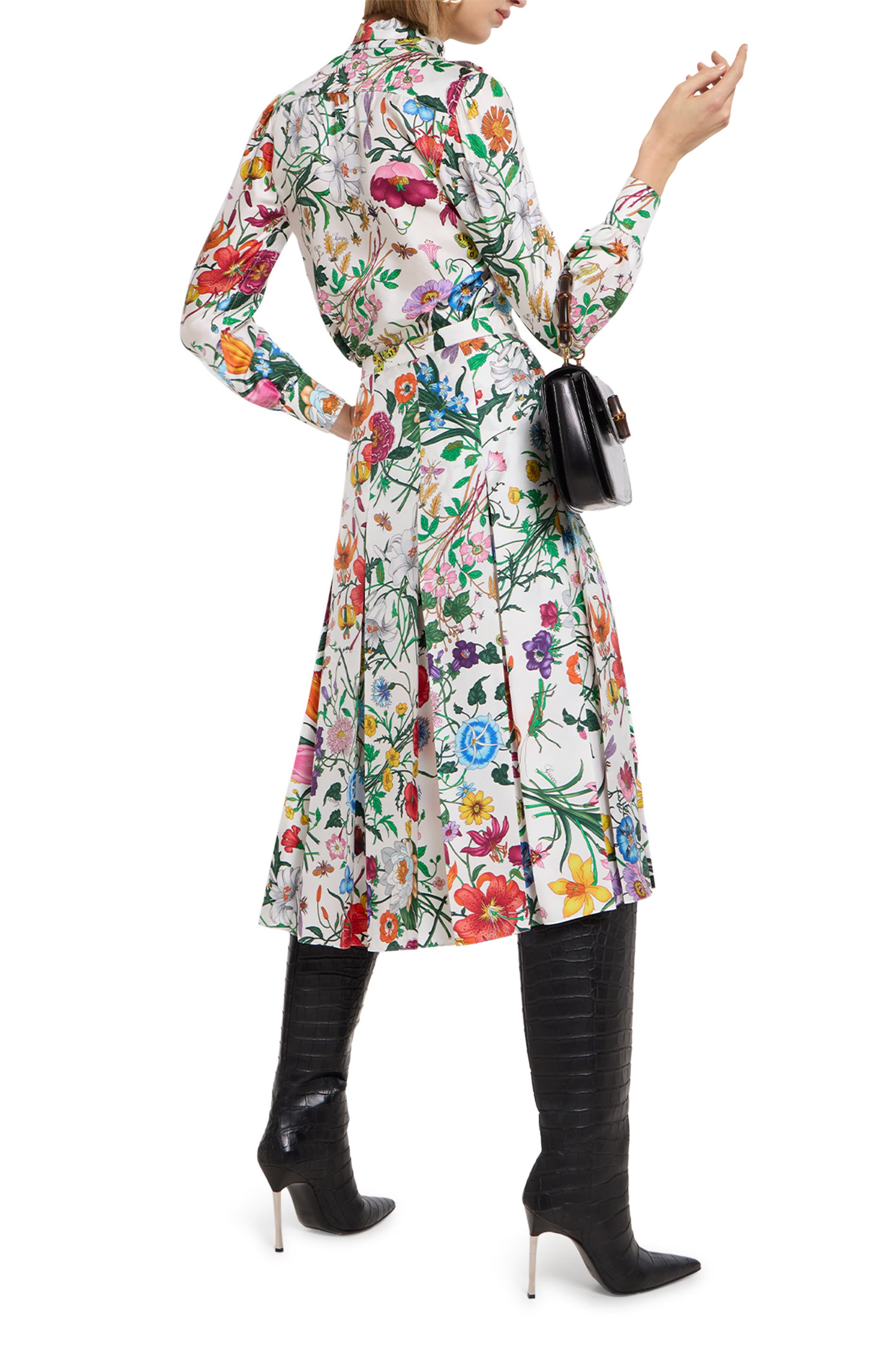 All-Over Flora Print Silk Twill Pleated Skirt