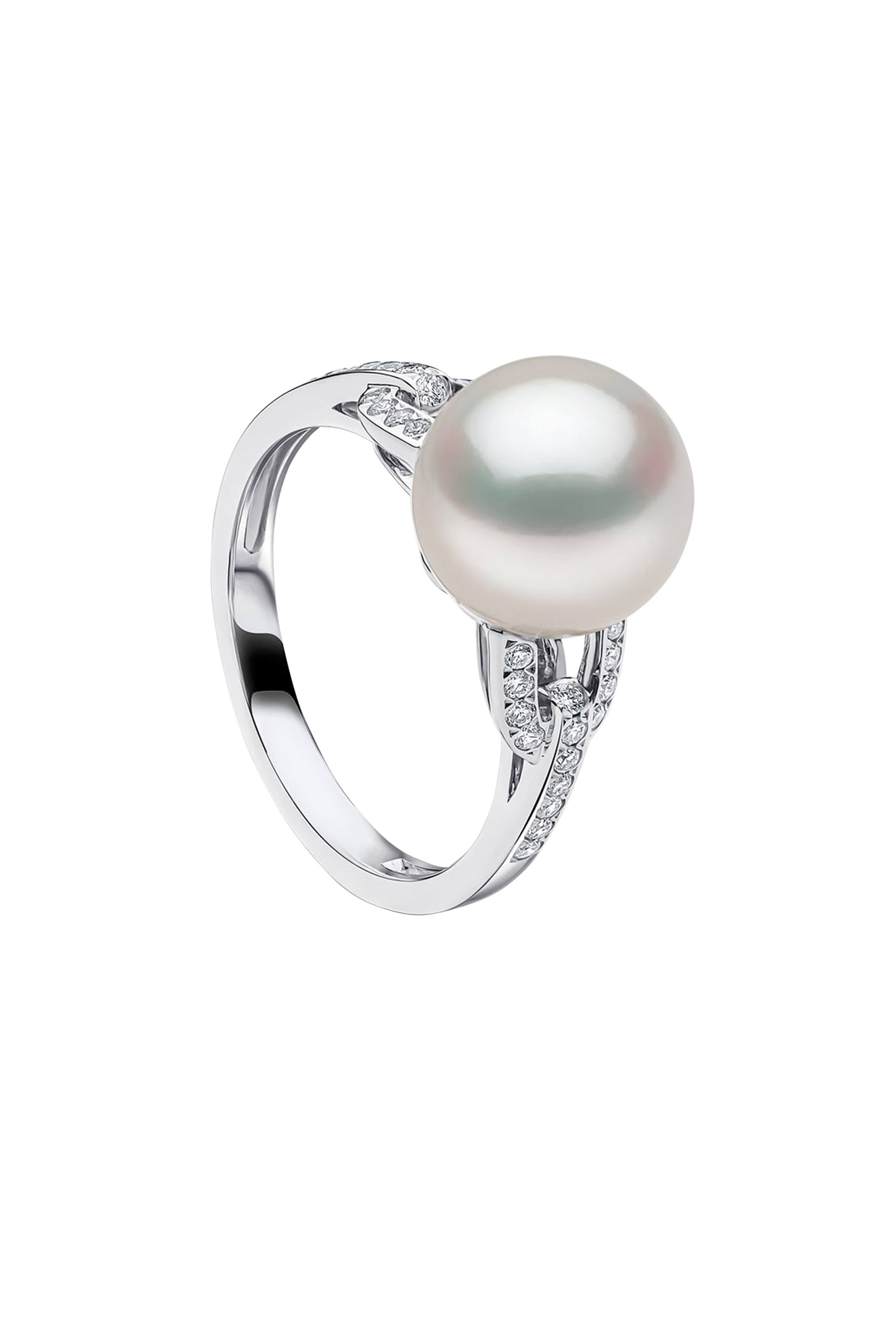  Jazz Link Ring, 18K White Gold with Diamonds & Pearl