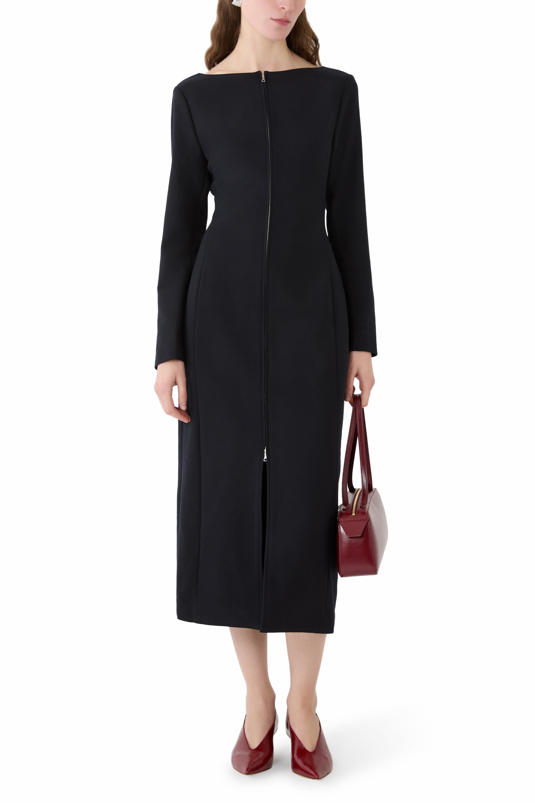 Tense Wool Double Cloth Front-Zip Dress
