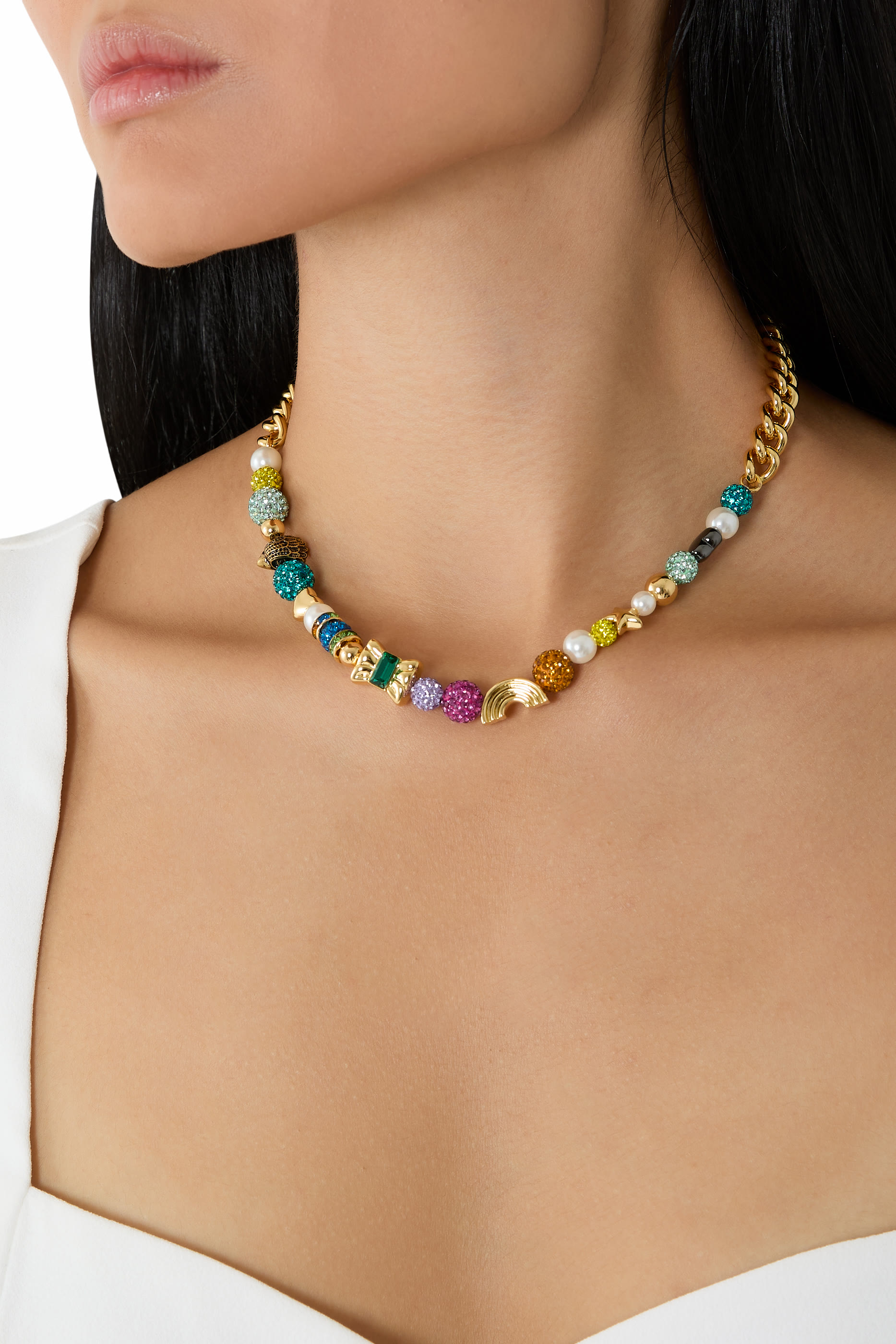 Pave Charm Necklace, Brass & Glass, Cubic Zirconia