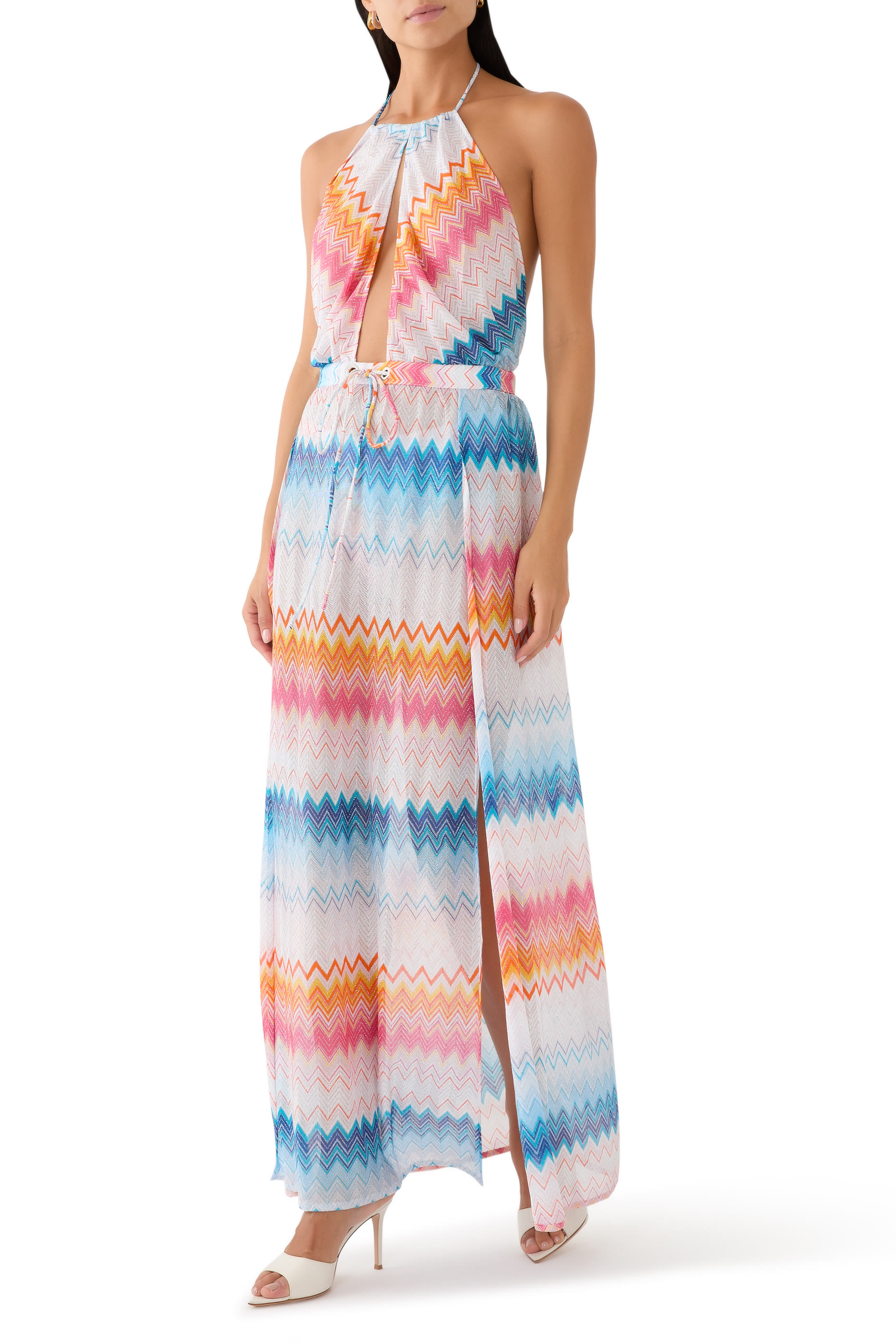 Mare Chevron Raschel Lurex Plunge Halter Maxi Dress