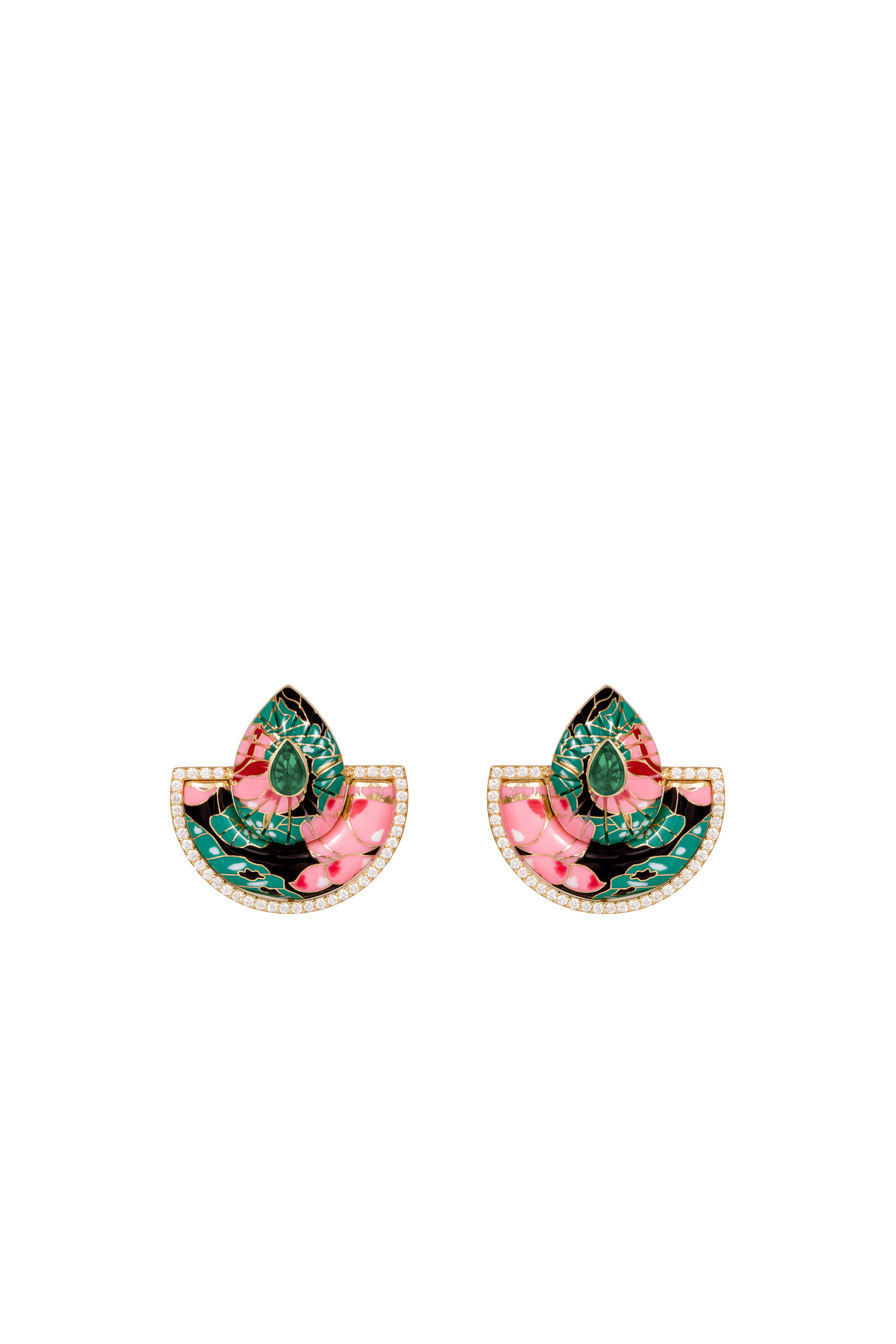 Bond Street Chinoiserie Fan Big Earrings, 18k Yellow Gold with Diamonds