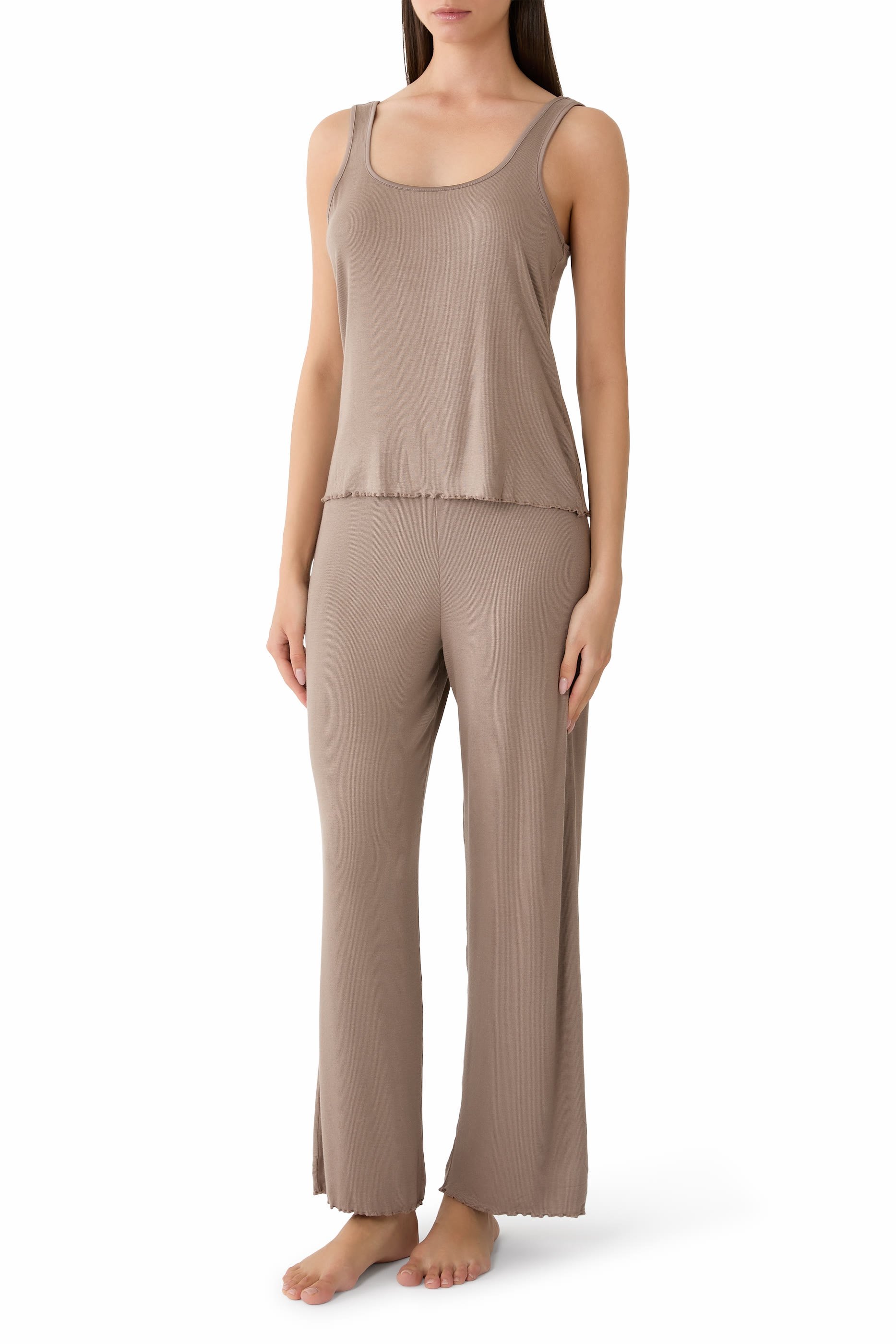 Jersey Ribbed Satin Trim Vest Pajama Set 