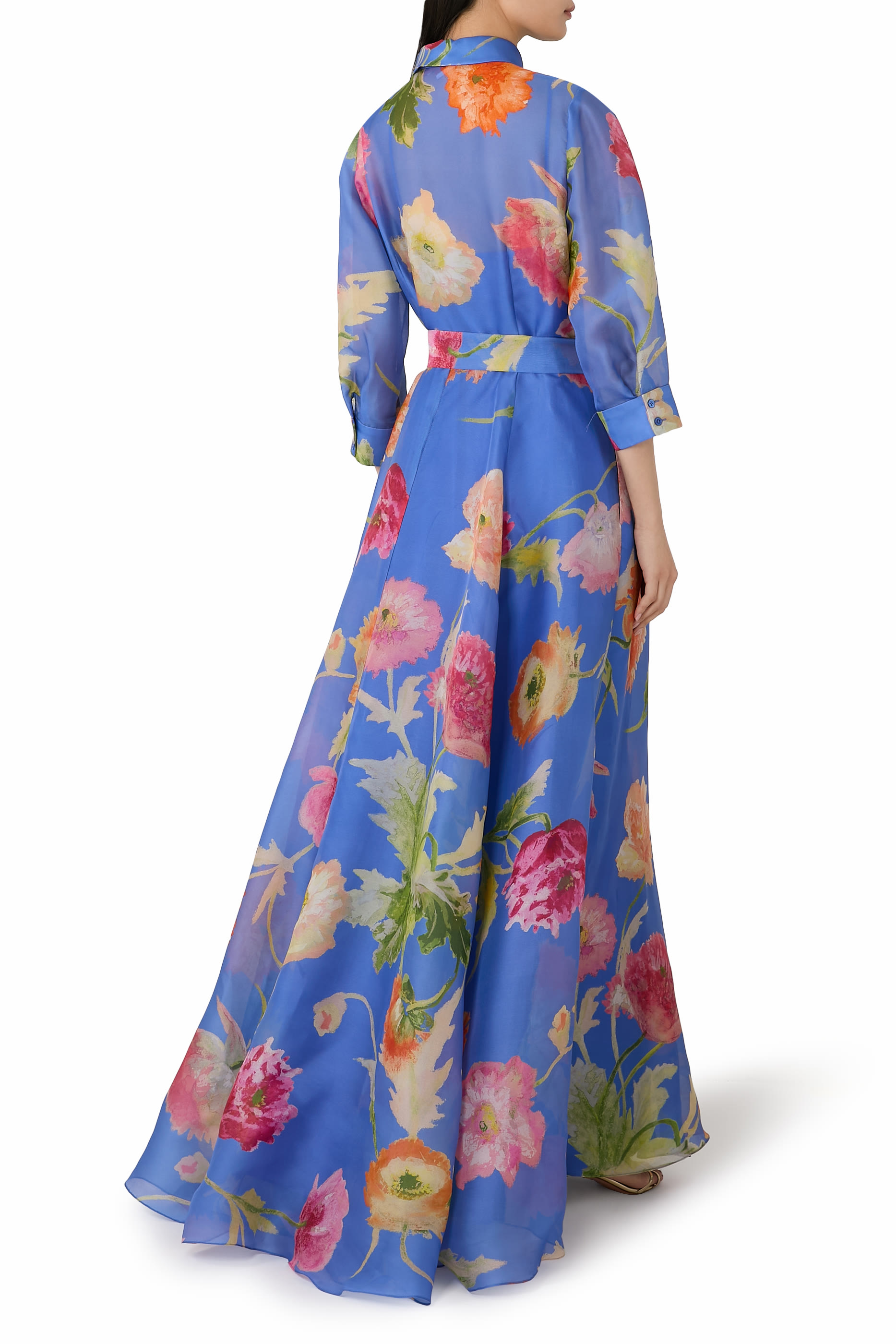  Poppy-Print Organza Trench Gown