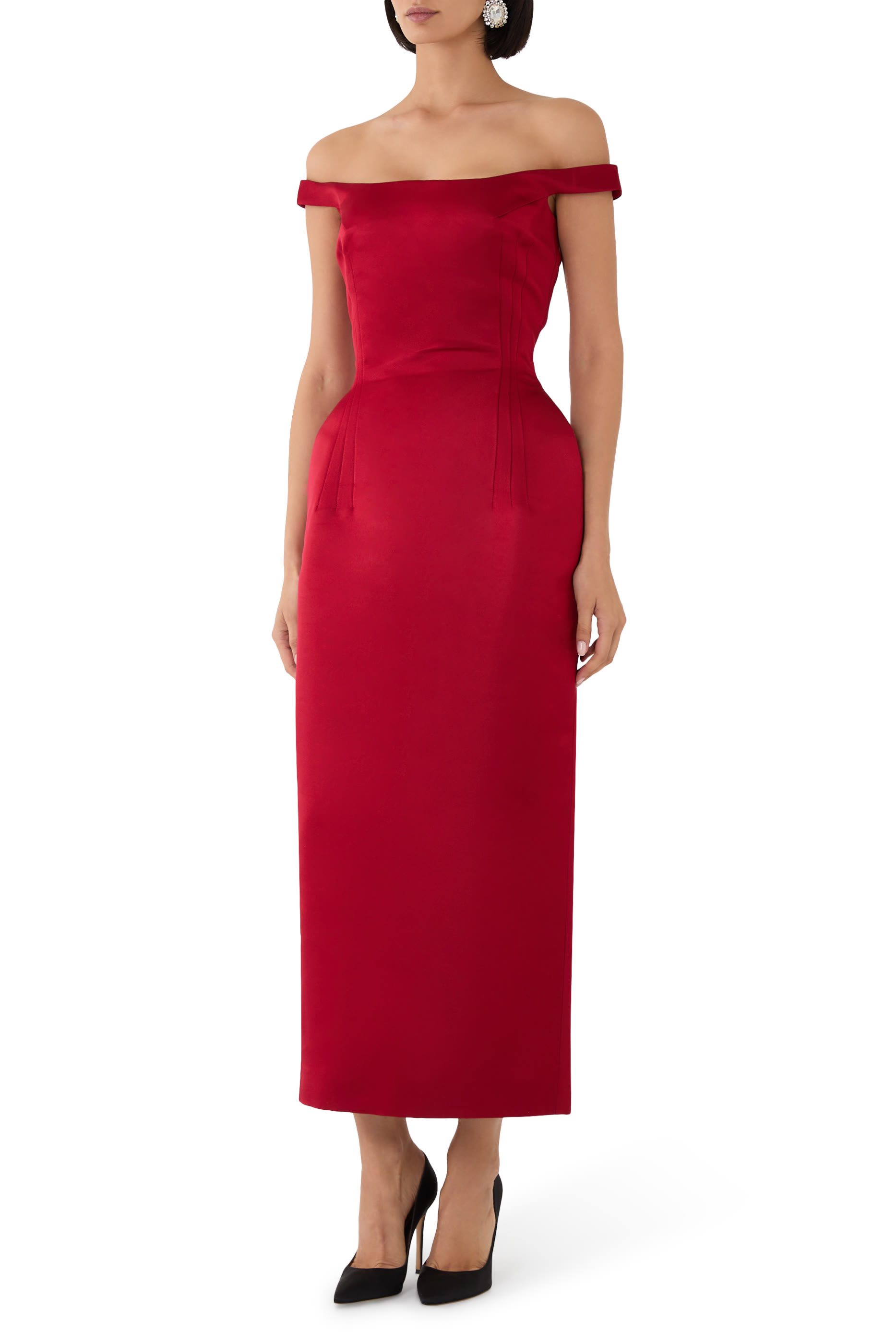 Off-Shoulder Hip Pad Midi Dress