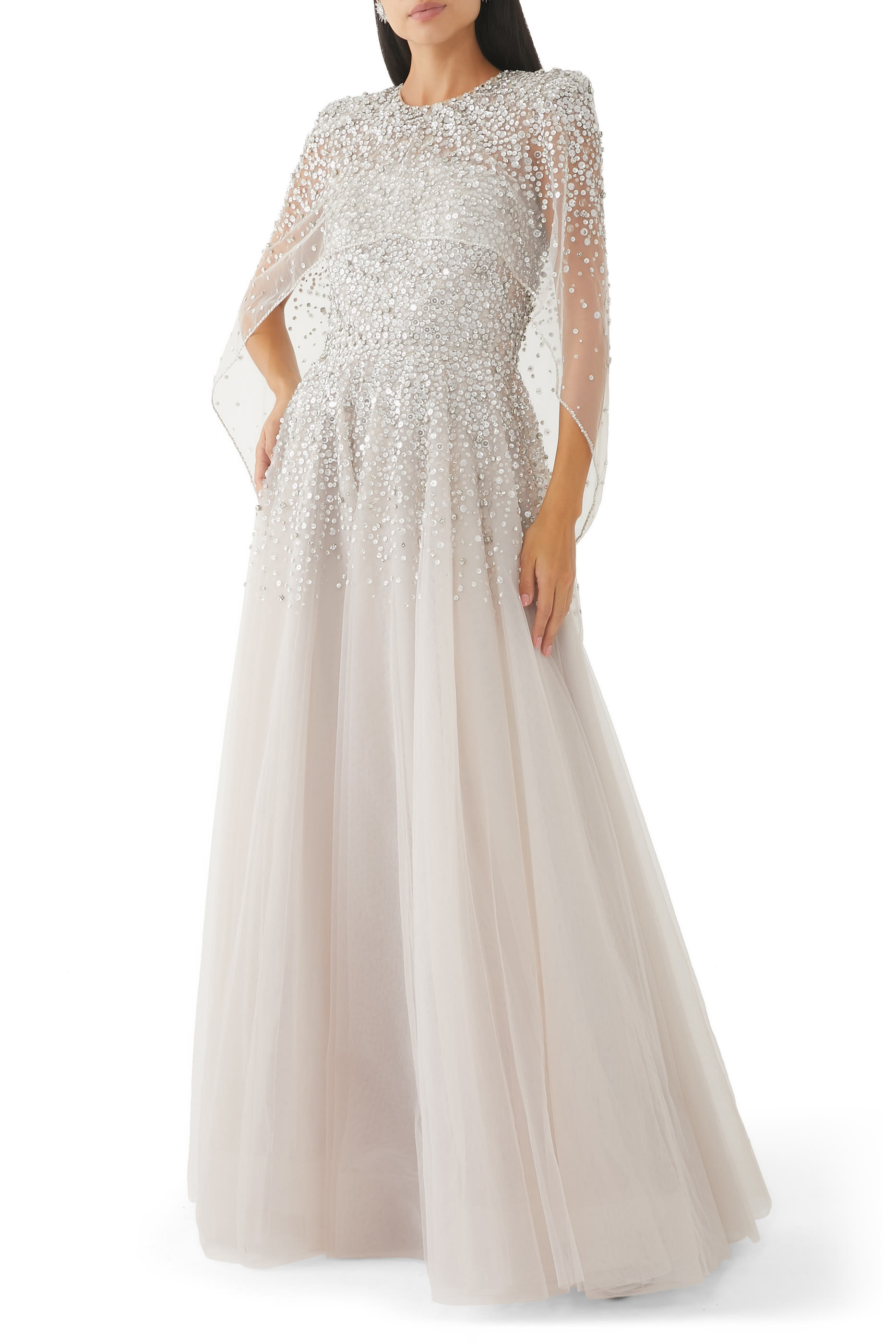 Osha Sequin-Embellished Cape Gown