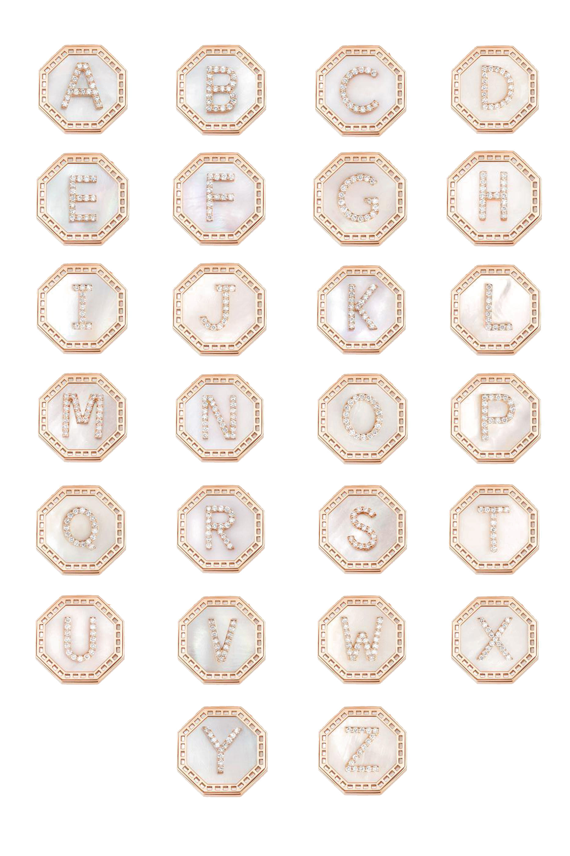 Harf Turath Letter A Pendant Necklace, 18k Rose Gold, Diamonds & Mother of Pearl